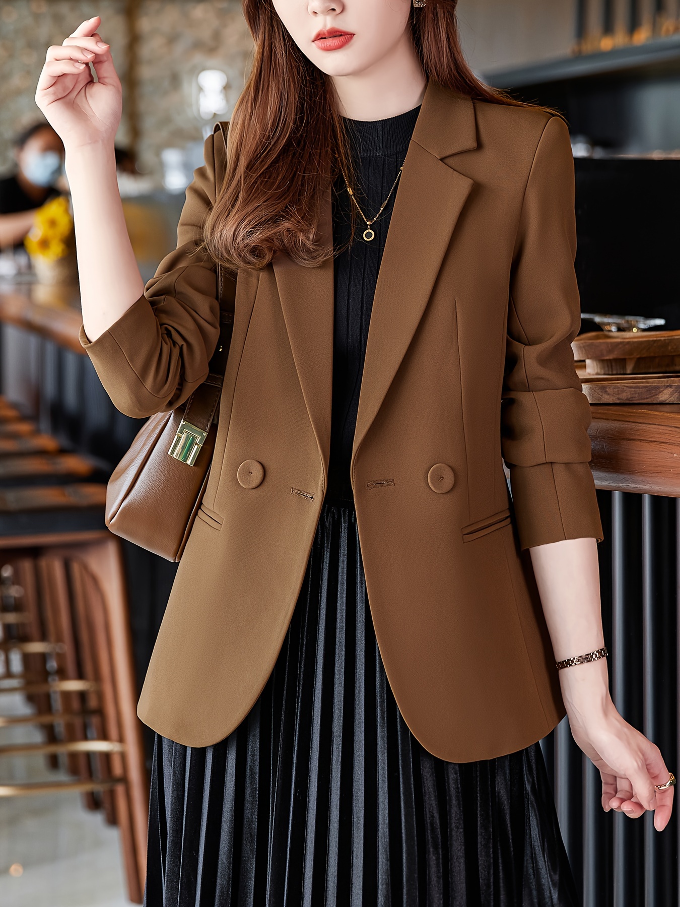 womens color long sleeve single button polyester elastane regular fit fall season woven fabric with and button detail details 9