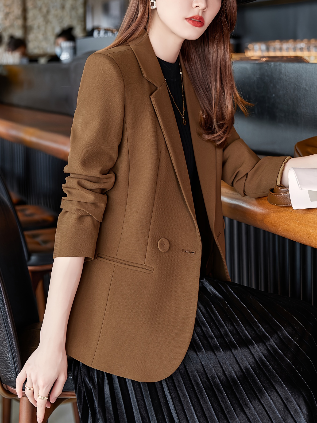womens color long sleeve single button polyester elastane regular fit fall season woven fabric with and button detail details 11