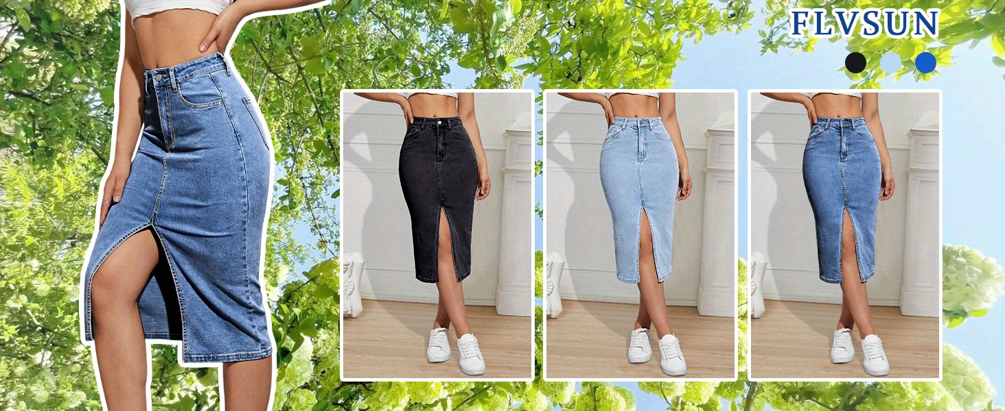 womens denim pencil skirts long high waist a line midi jean skirt split hem skirts for ladies details 2
