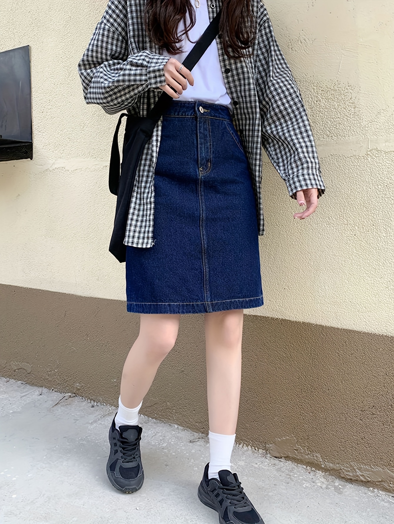 simple denim skirt high waist washed split denim skirt womens denim clothing details 0