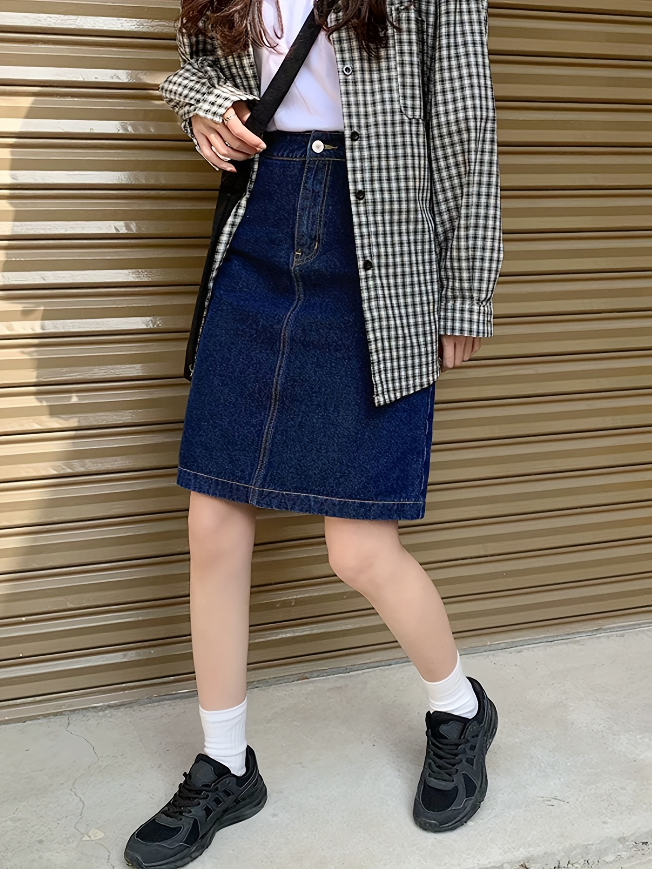 simple denim skirt high waist washed split denim skirt womens denim clothing details 1