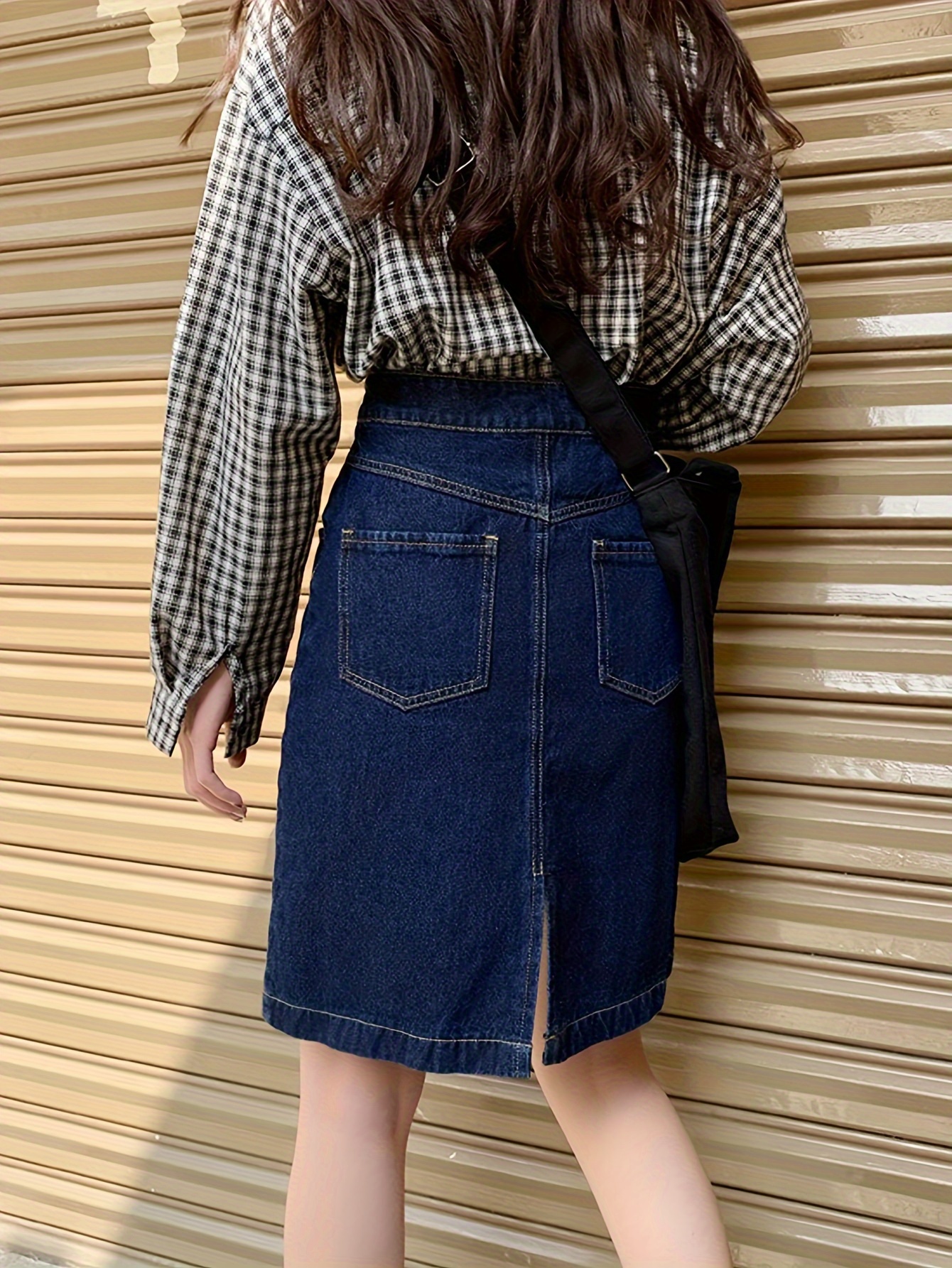 simple denim skirt high waist washed split denim skirt womens denim clothing details 3