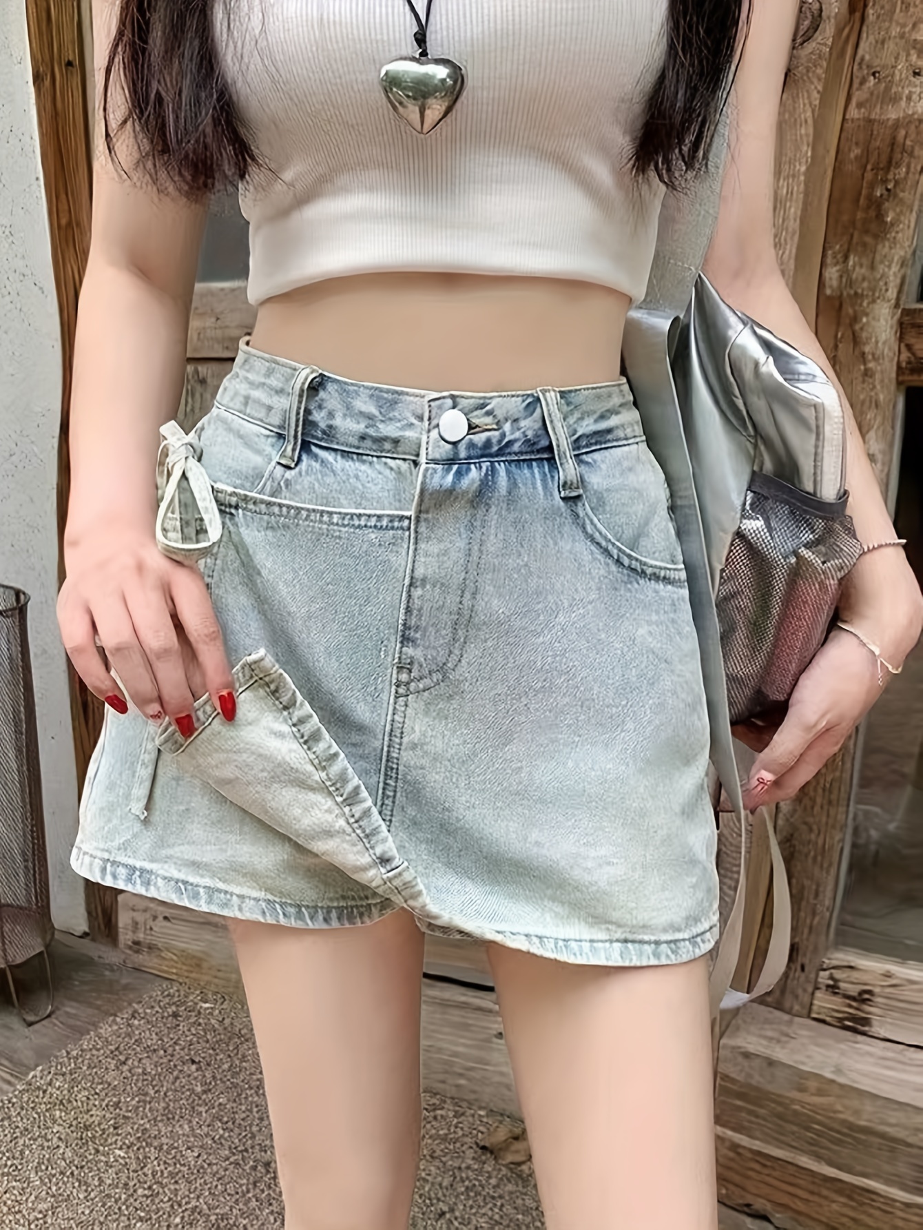 tie side plain light washed blue stylish high denim skorts skirted shorts womens denim jeans clothing details 0