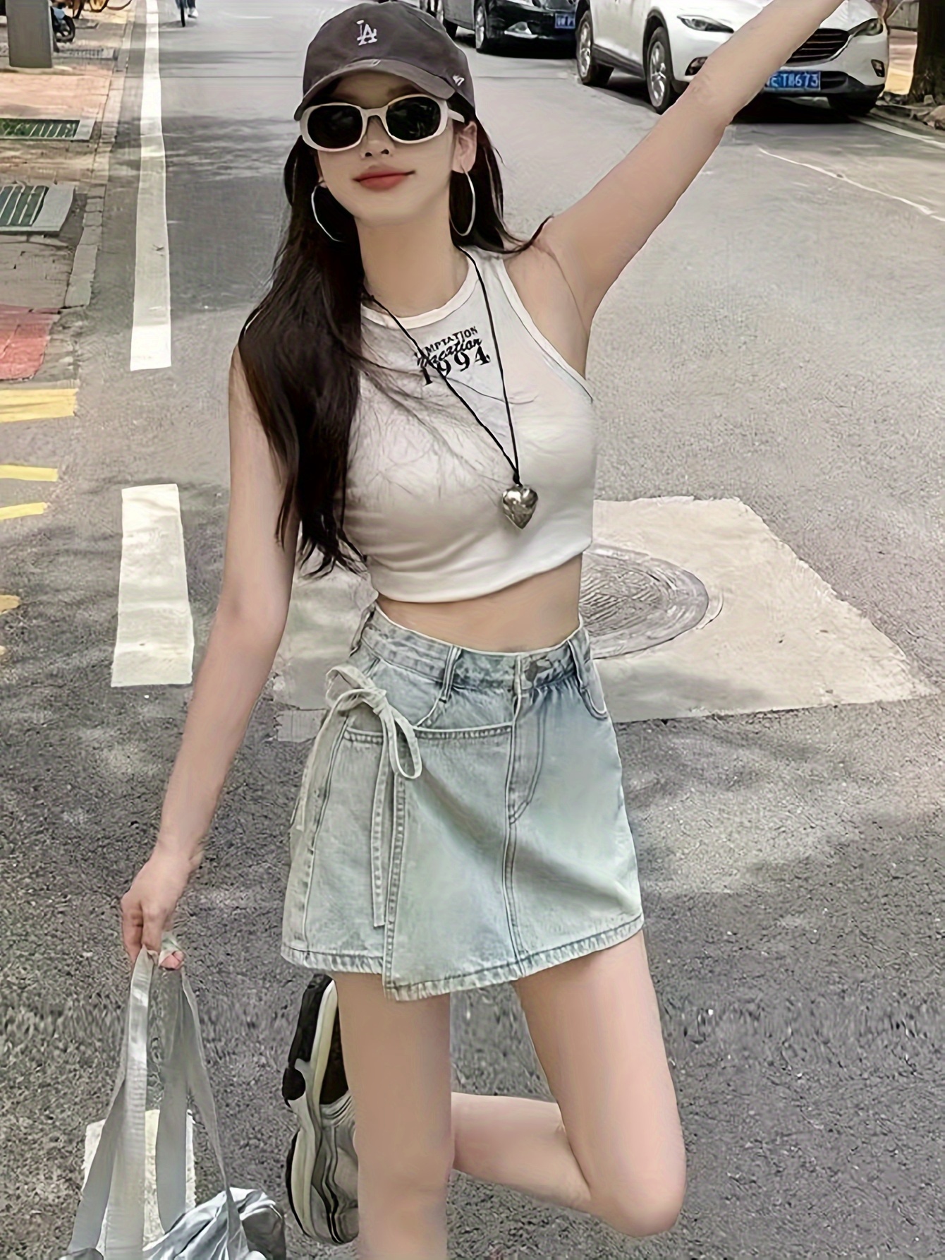 tie side plain light washed blue stylish high denim skorts skirted shorts womens denim jeans clothing details 2