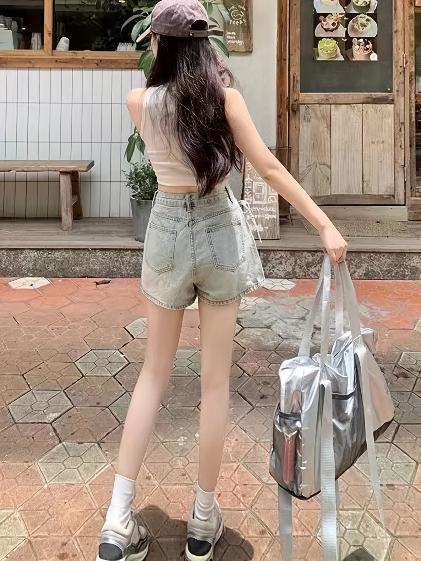 tie side plain light washed blue stylish high denim skorts skirted shorts womens denim jeans clothing details 4