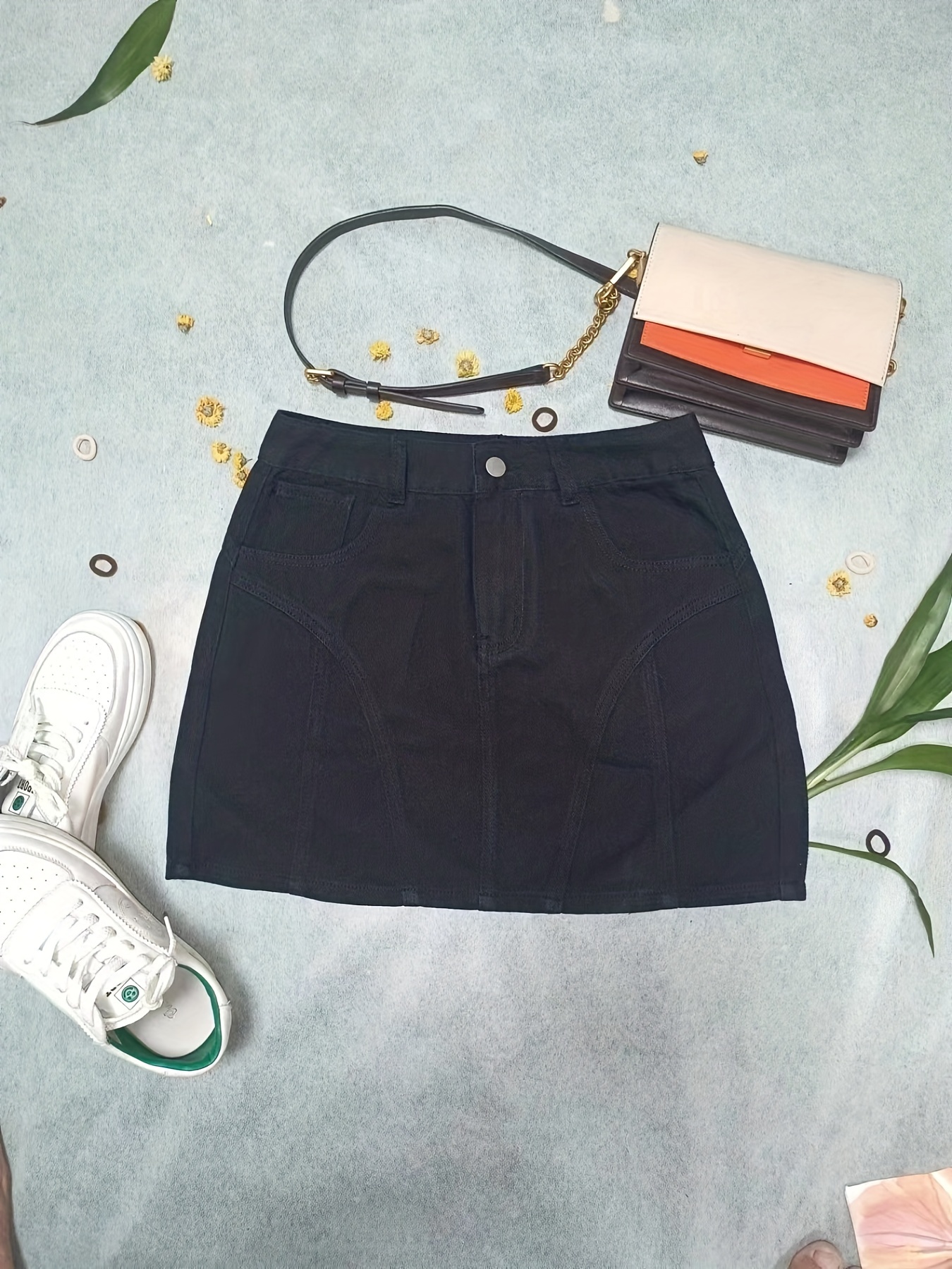 plain pintuck detail short denim dresses slash pockets slim fit high waist high rise denim skirts womens denim clothing details 0