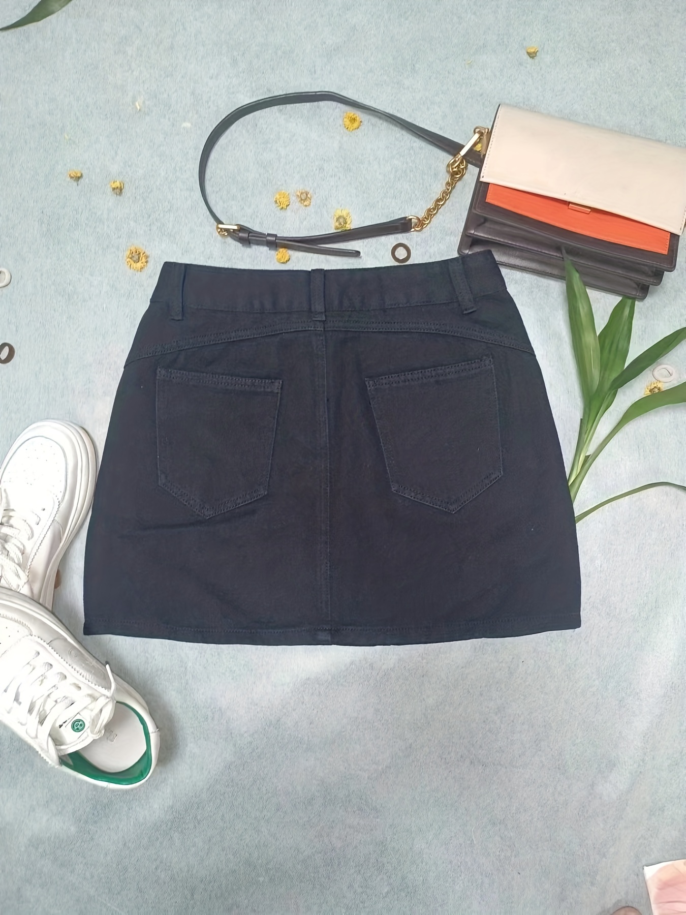 plain pintuck detail short denim dresses slash pockets slim fit high waist high rise denim skirts womens denim clothing details 1