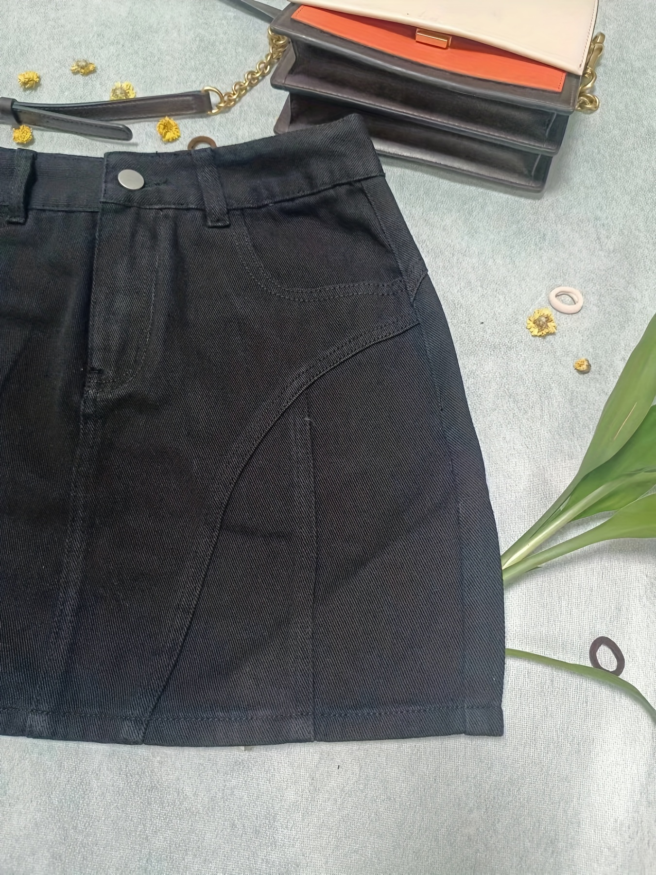 plain pintuck detail short denim dresses slash pockets slim fit high waist high rise denim skirts womens denim clothing details 2