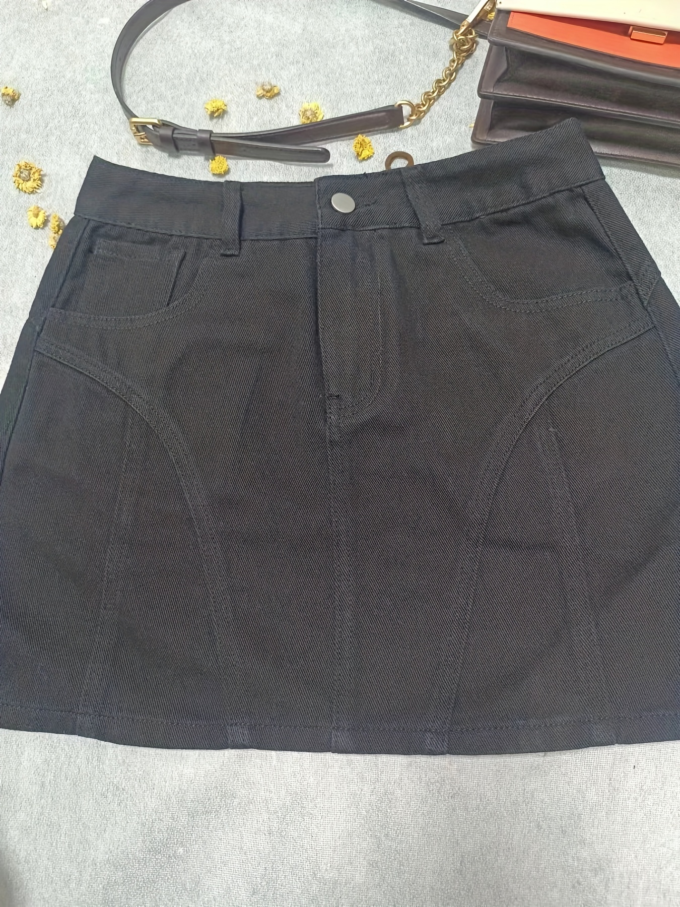 plain pintuck detail short denim dresses slash pockets slim fit high waist high rise denim skirts womens denim clothing details 4