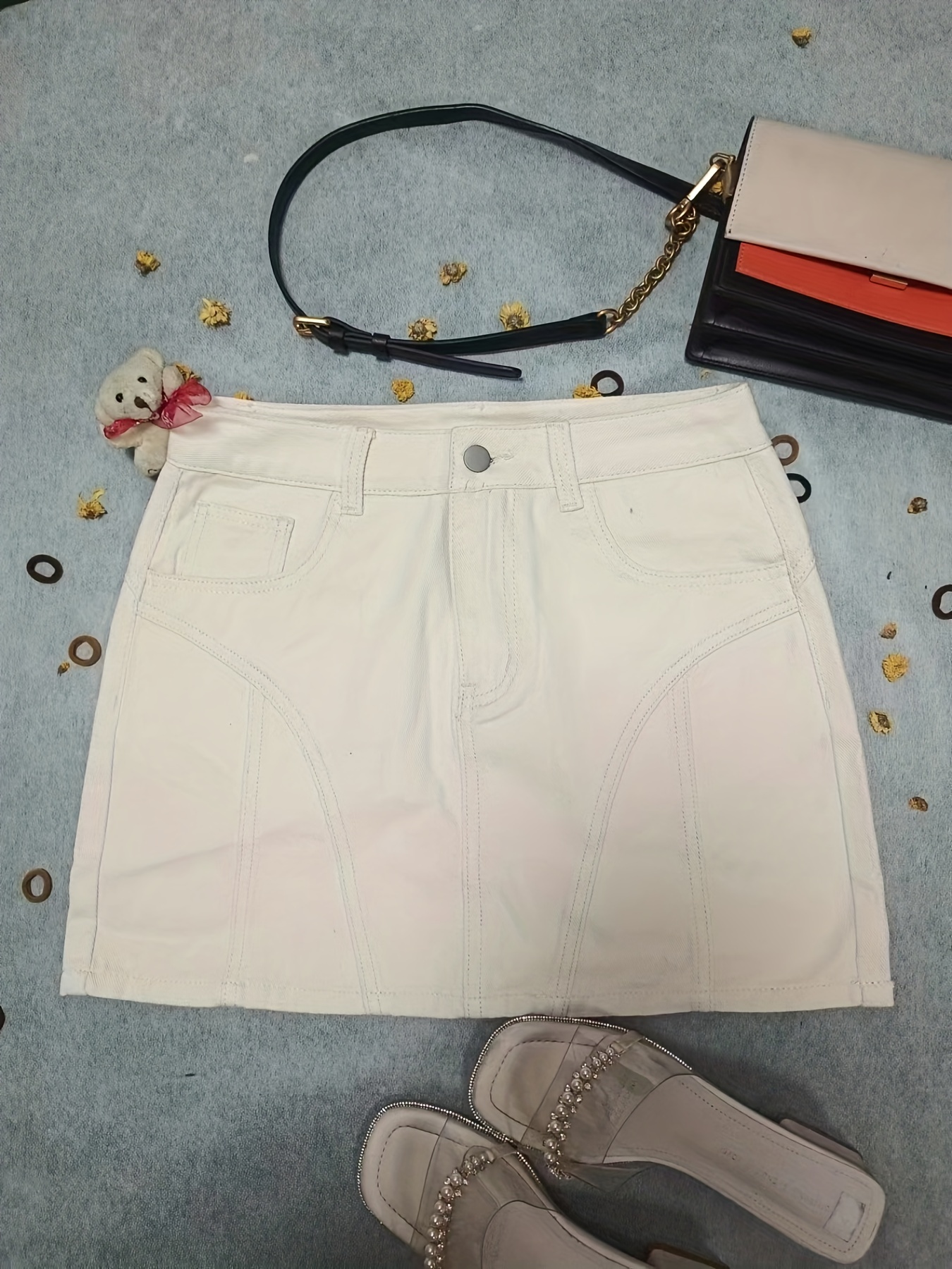 plain pintuck detail short denim dresses slash pockets slim fit high waist high rise denim skirts womens denim clothing details 5