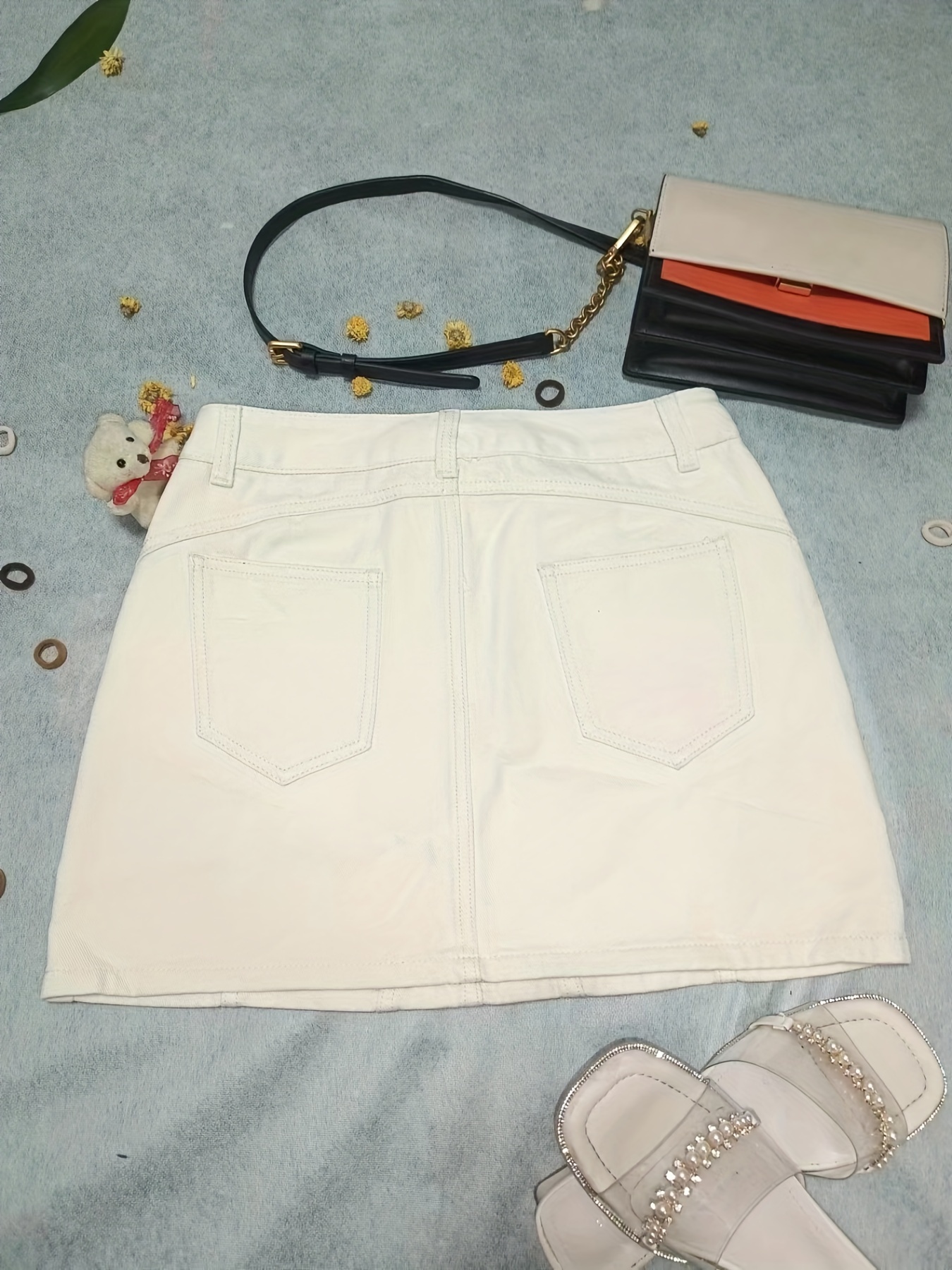 plain pintuck detail short denim dresses slash pockets slim fit high waist high rise denim skirts womens denim clothing details 6