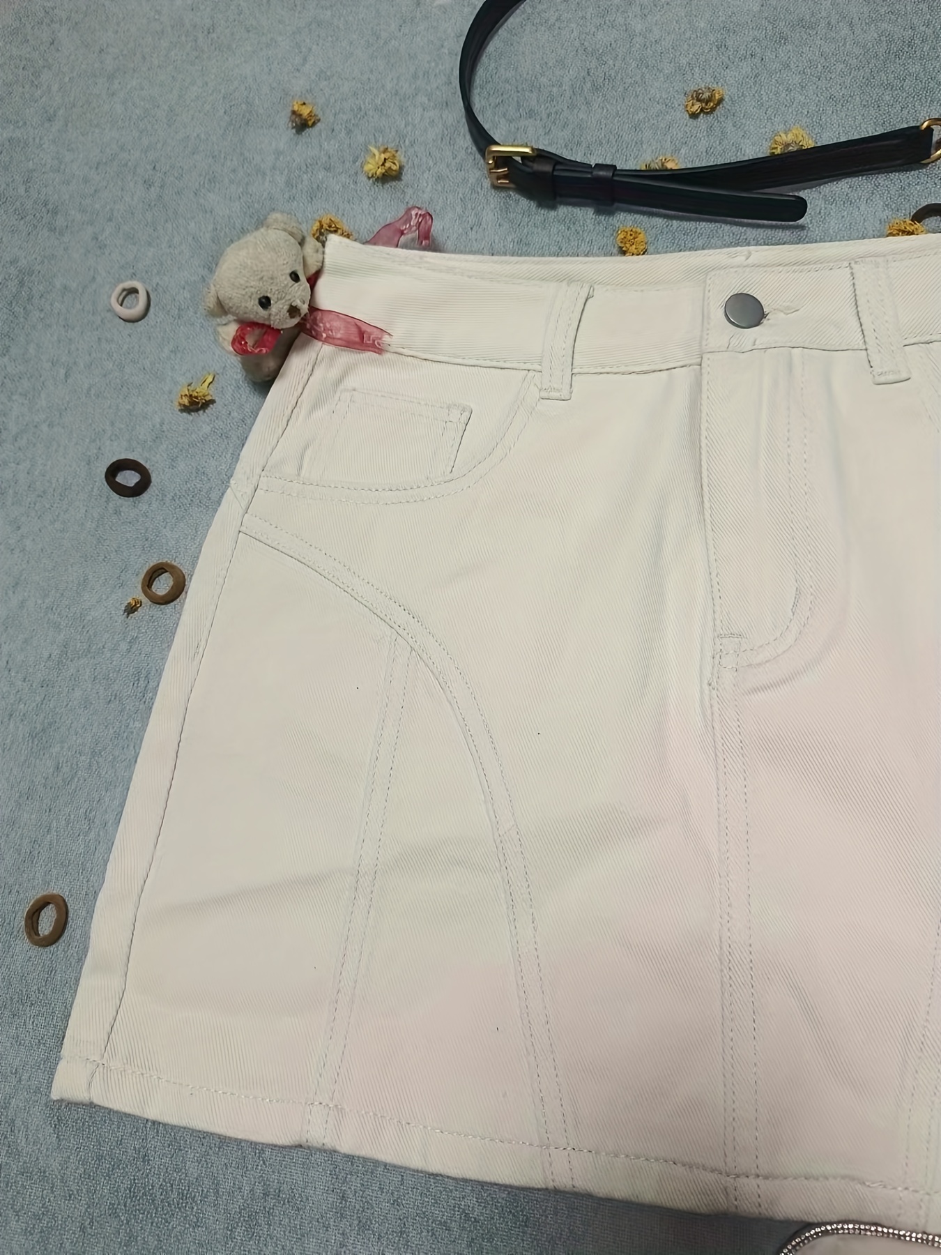 plain pintuck detail short denim dresses slash pockets slim fit high waist high rise denim skirts womens denim clothing details 7