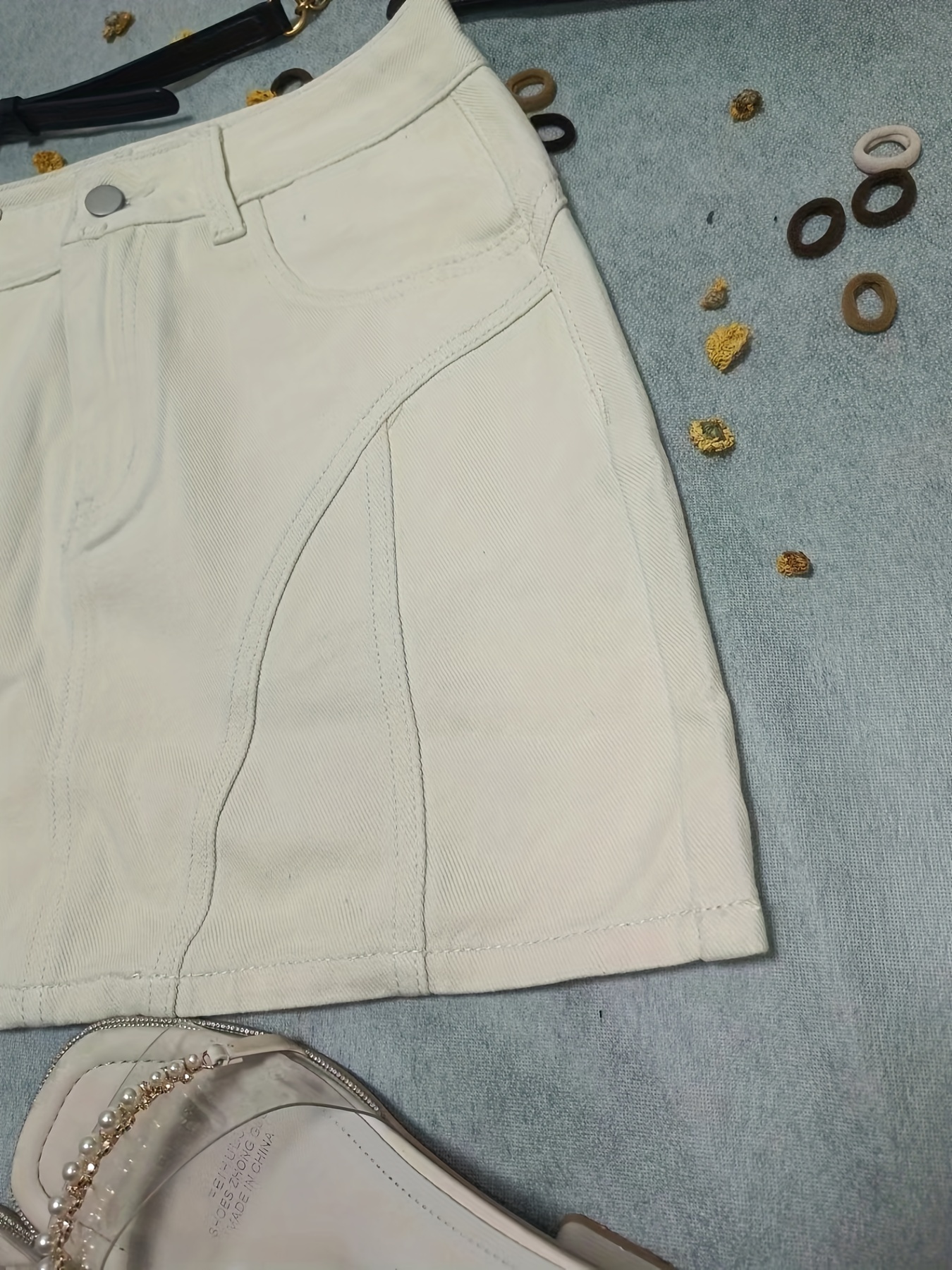 plain pintuck detail short denim dresses slash pockets slim fit high waist high rise denim skirts womens denim clothing details 9