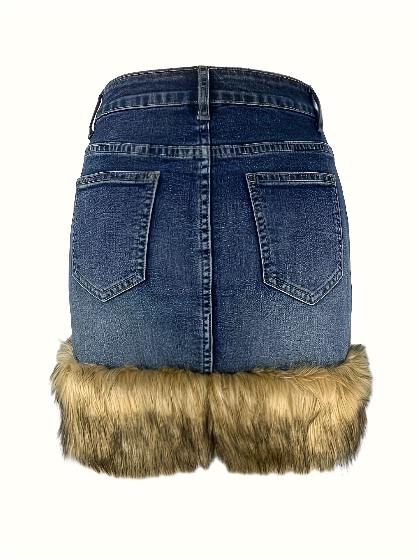 plush faux fur hem high rise denim skirt zipper button closure slash pocket mini denim skirt womens denim jeans clothing details 3