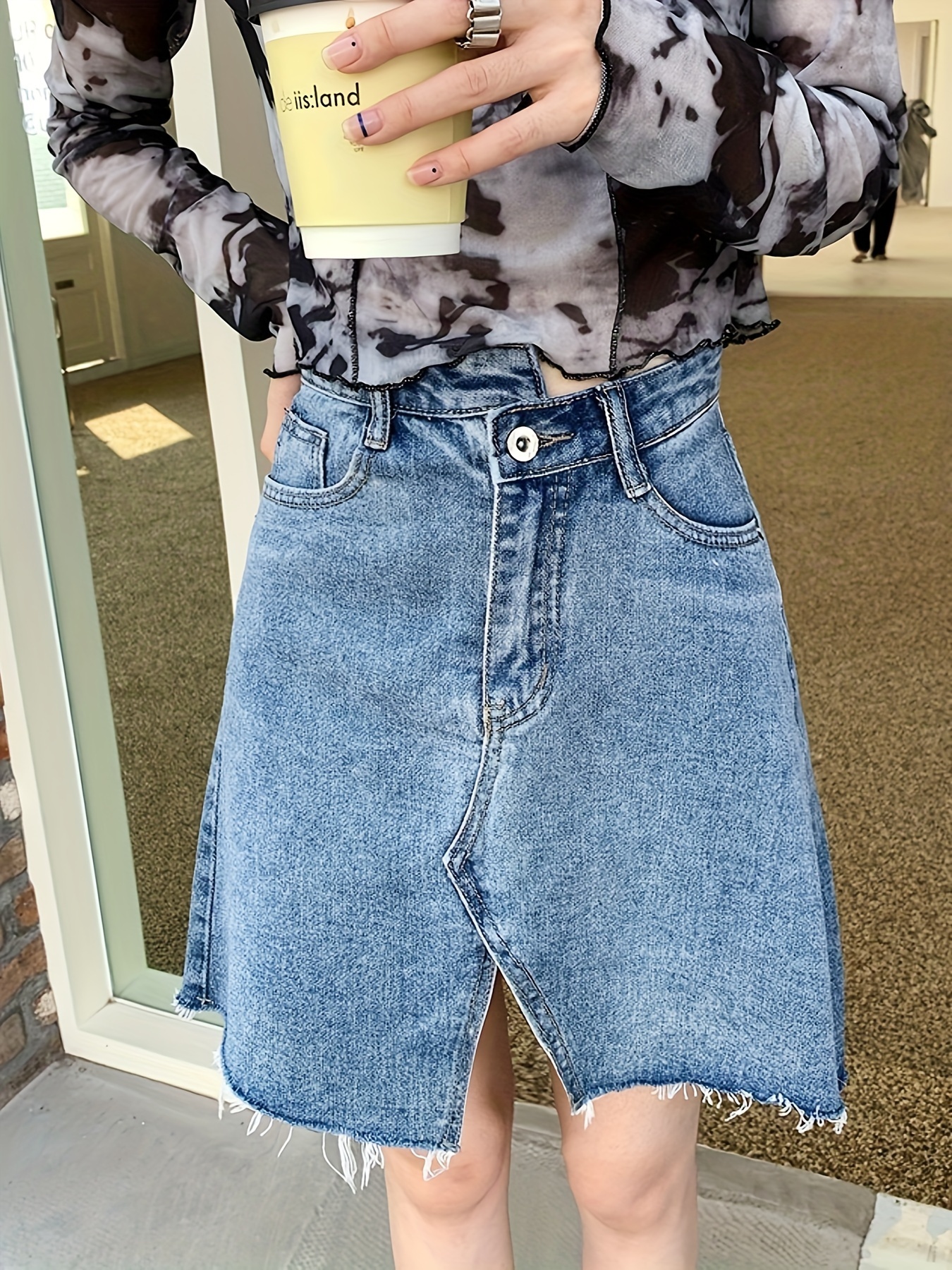 Raw Hem Split Denim Skirt, Plain Washed Blue Slash Pocket A-line Denim Skirt, Women s Denim Jeans & Clothing details 6