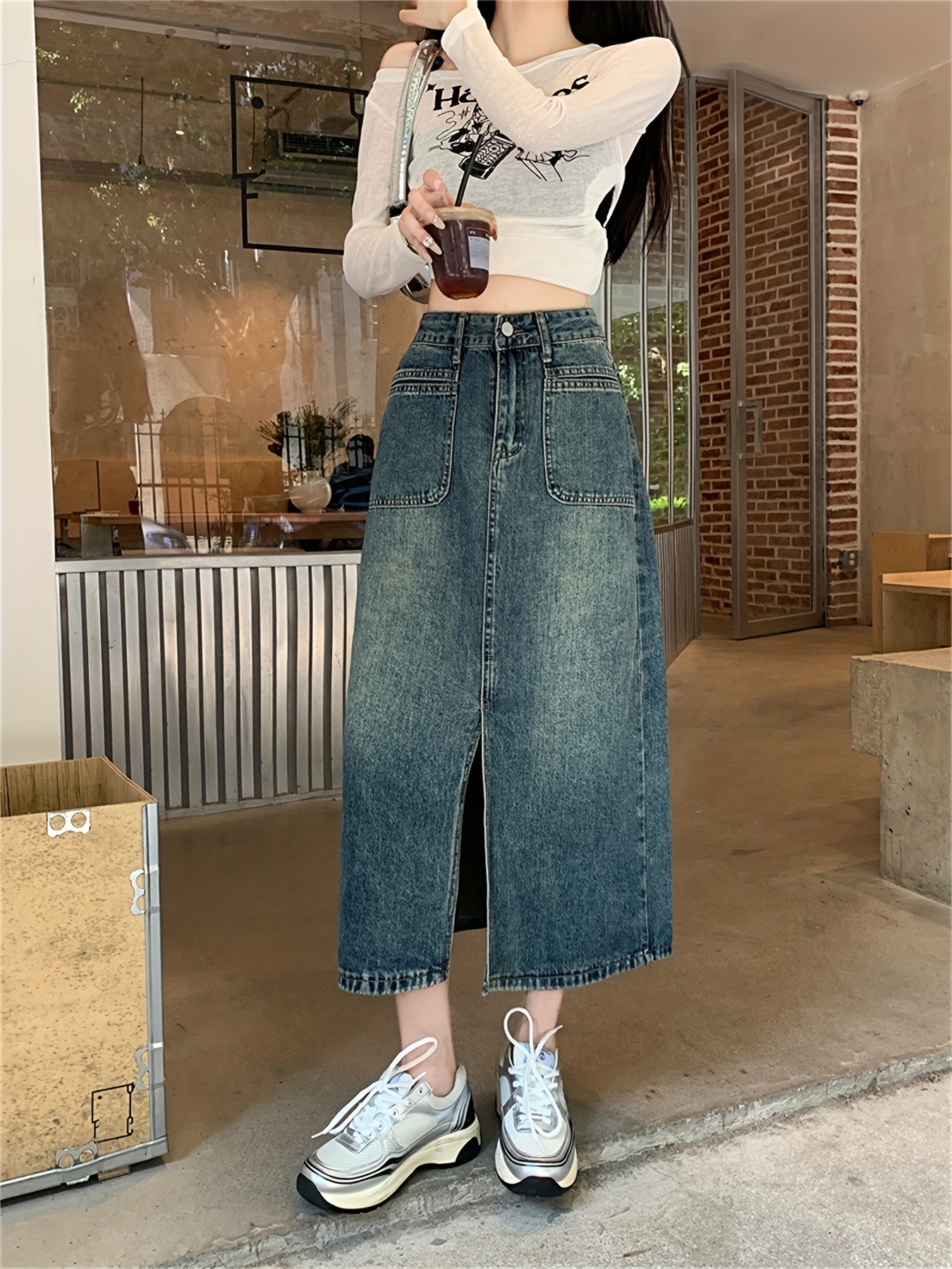 split front patched pocket denim midi skirt college style fashion high waist denim skirts womens denim clothing details 0