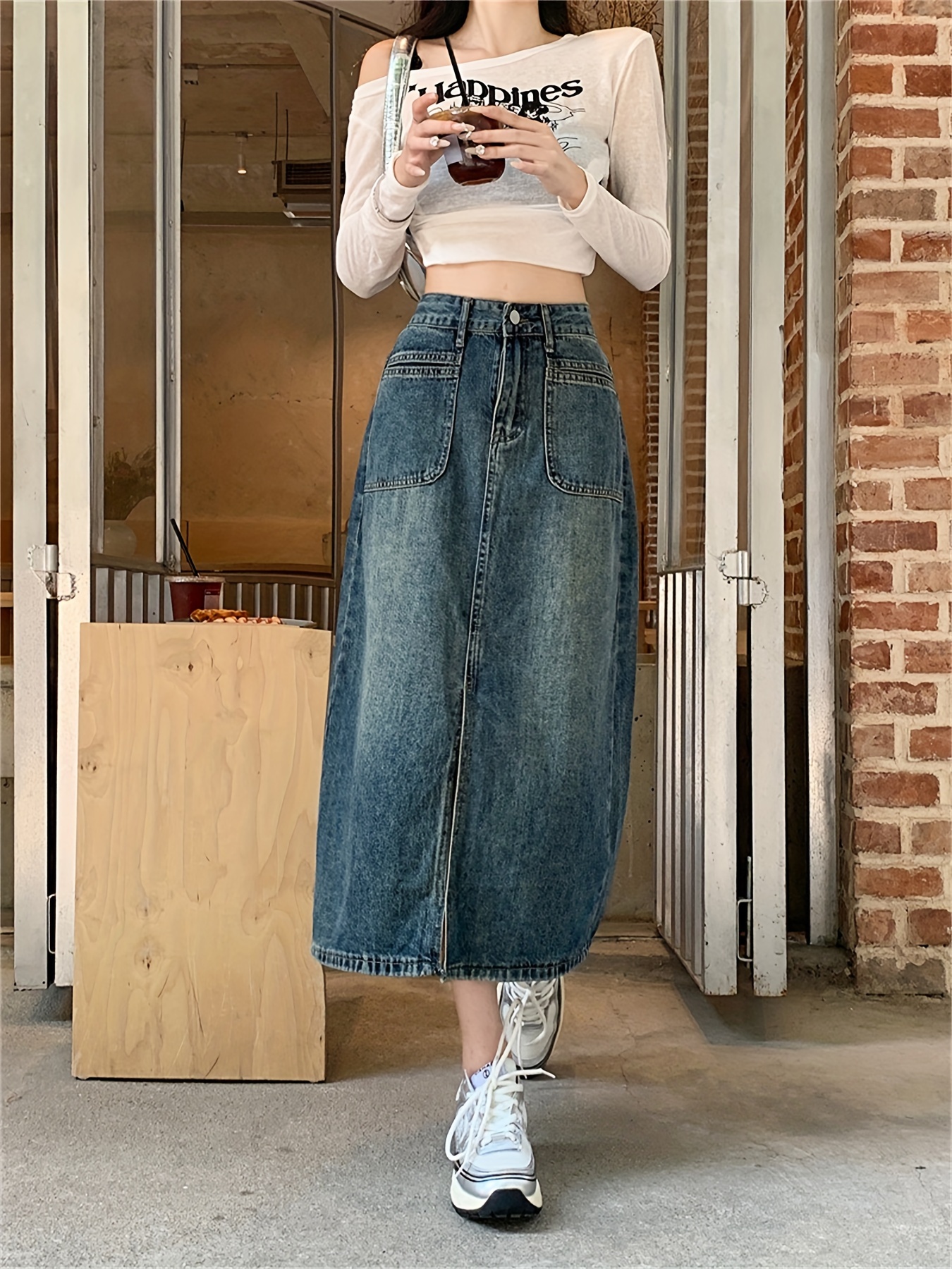 split front patched pocket denim midi skirt college style fashion high waist denim skirts womens denim clothing details 2