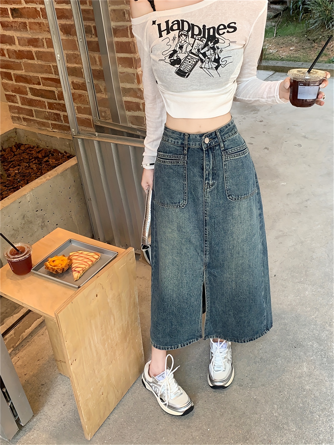 split front patched pocket denim midi skirt college style fashion high waist denim skirts womens denim clothing details 3