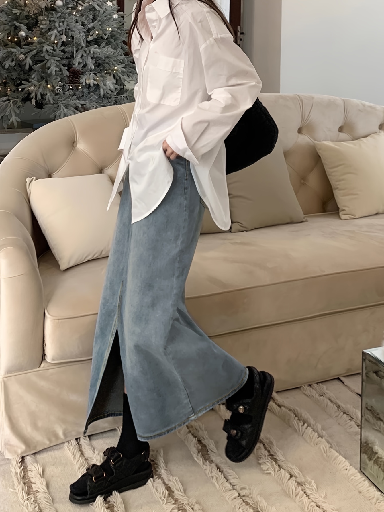 split front vintage style denim skirts high waist a line washed denim skirts womens denim clothing details 0