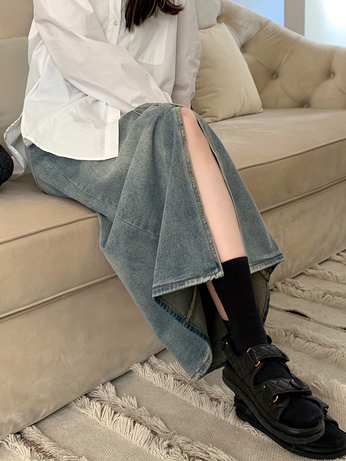 split front vintage style denim skirts high waist a line washed denim skirts womens denim clothing details 2