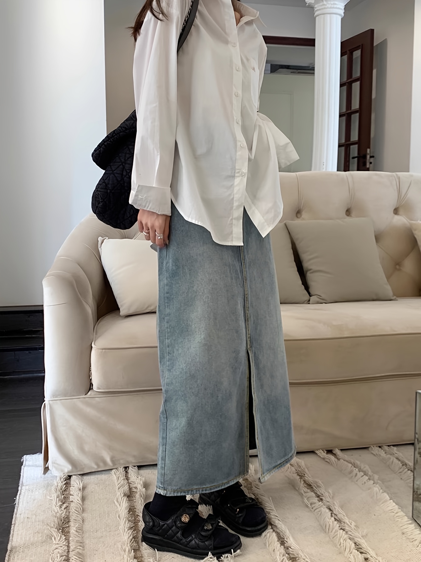 split front vintage style denim skirts high waist a line washed denim skirts womens denim clothing details 3