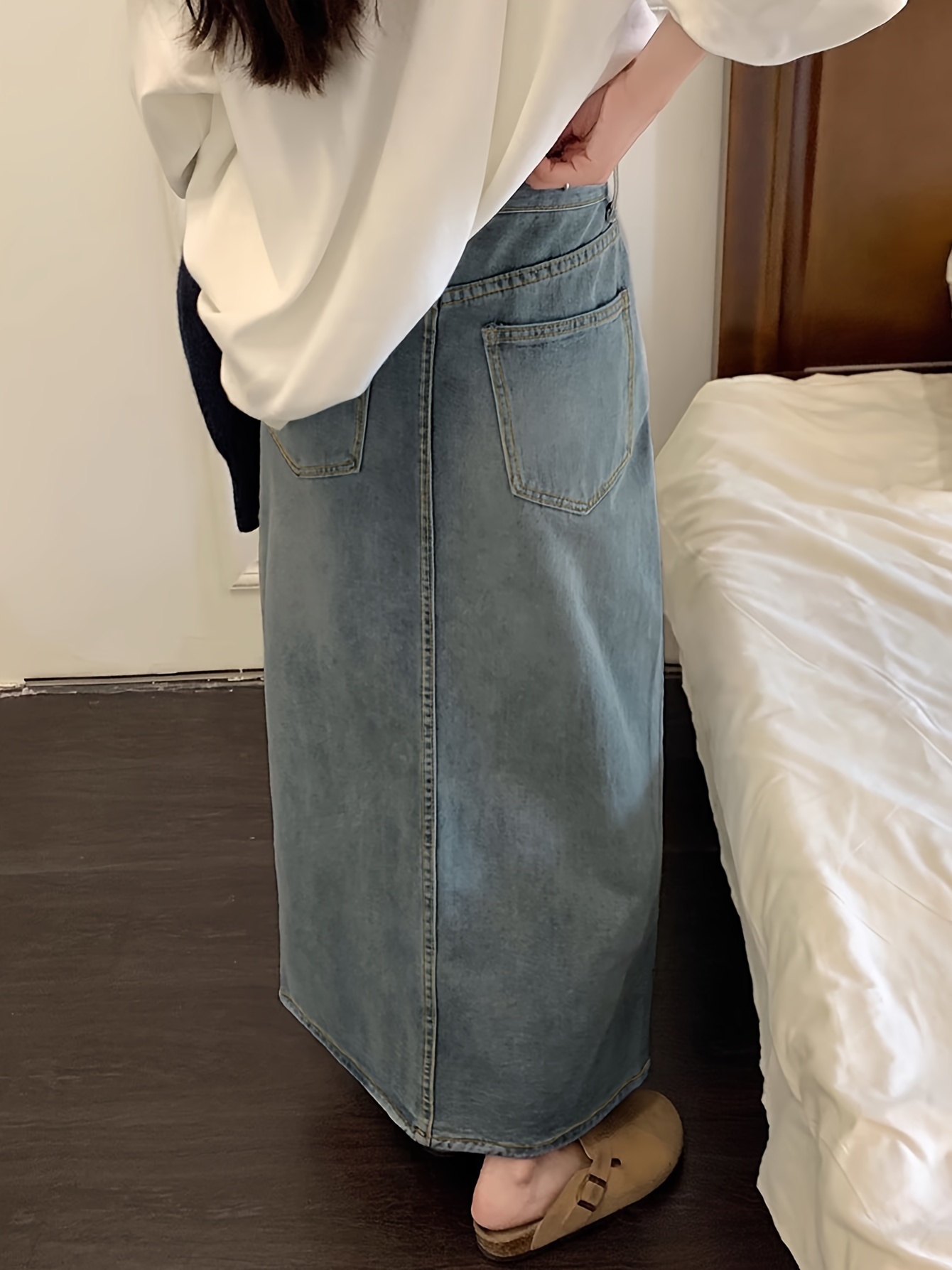 split front vintage style denim skirts high waist a line washed denim skirts womens denim clothing details 4