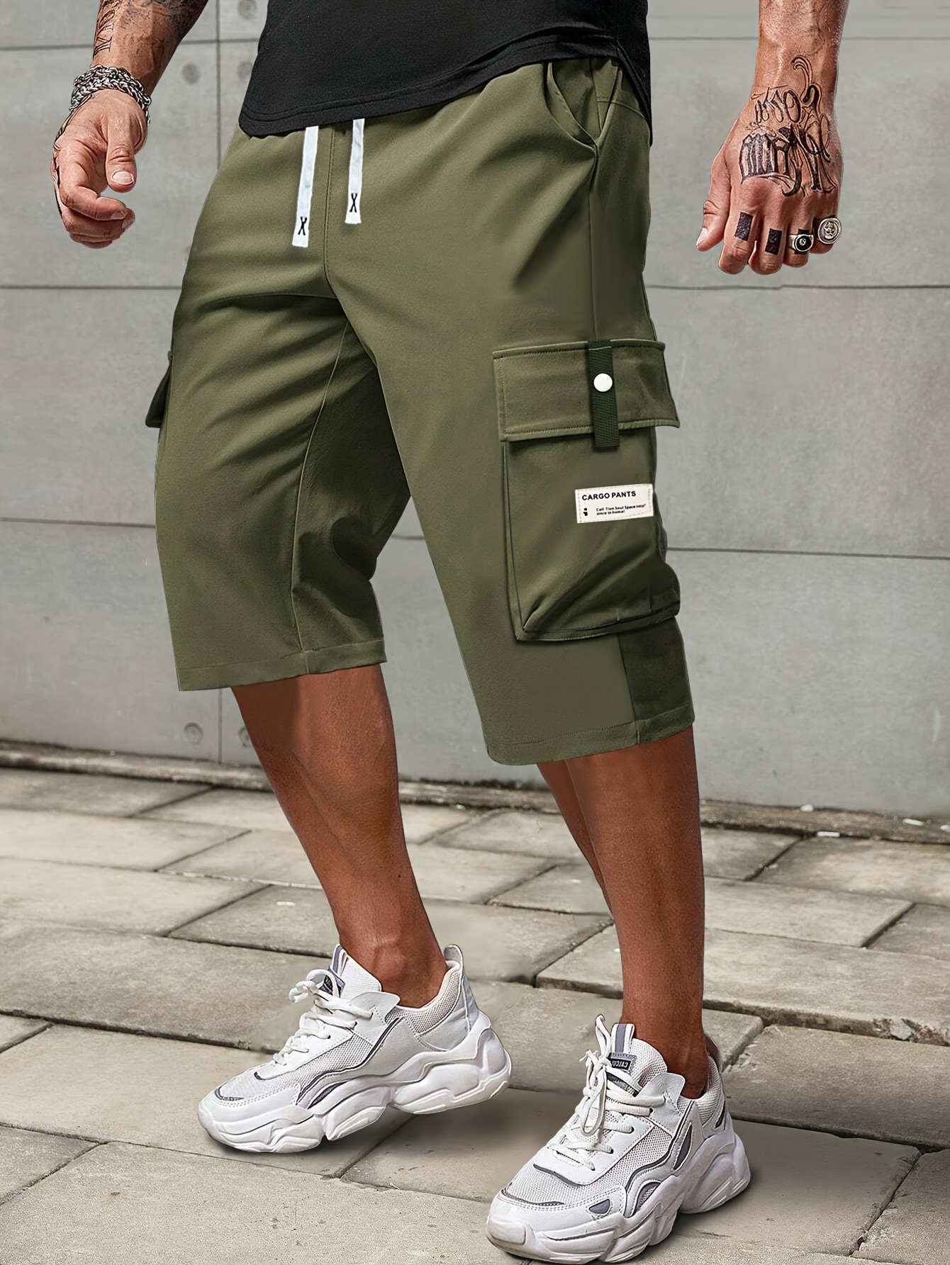 mens solid cargo shorts with multi pockets casual drawstring shorts for summer details 0