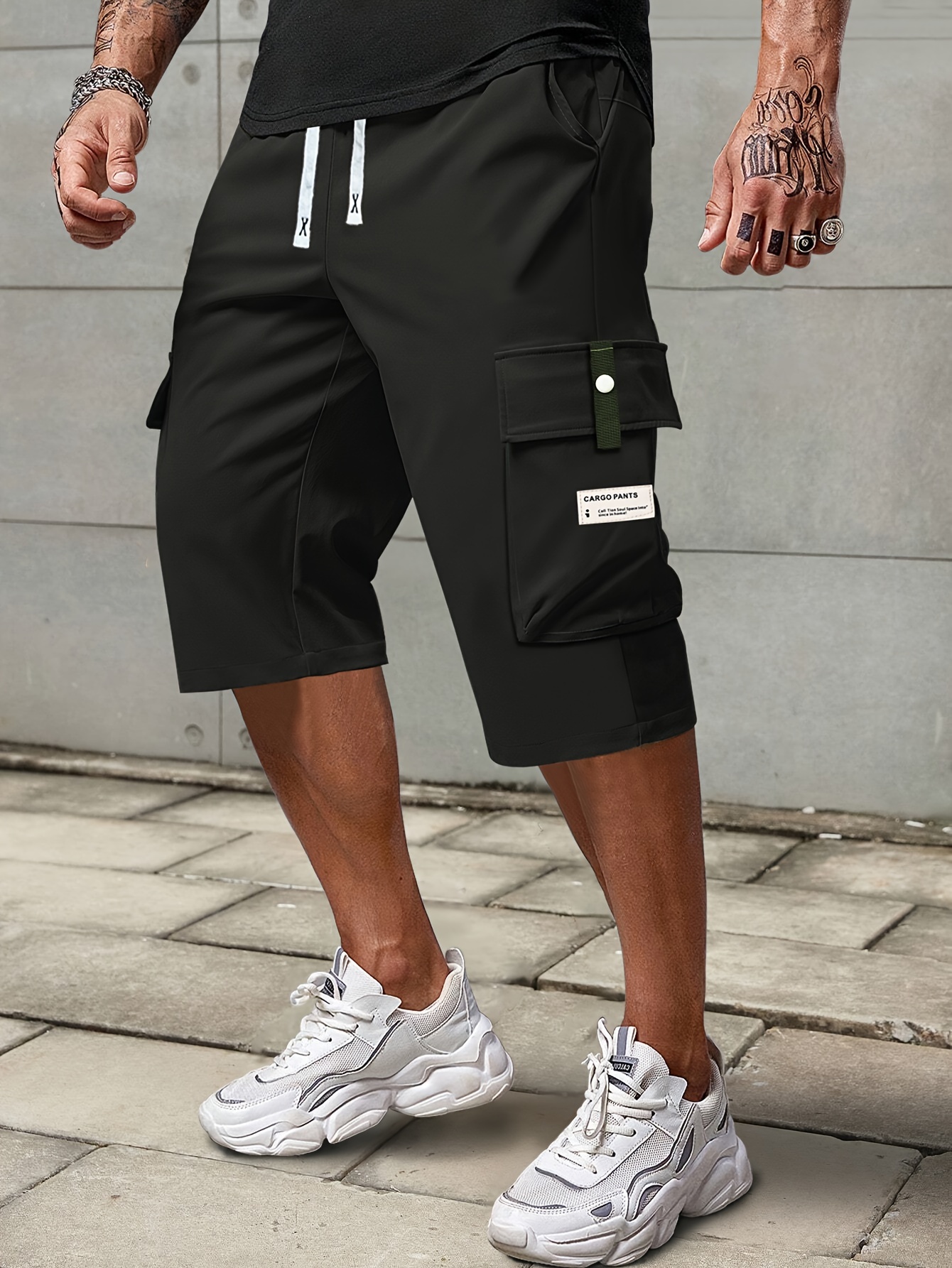 mens solid cargo shorts with multi pockets casual drawstring shorts for summer details 4