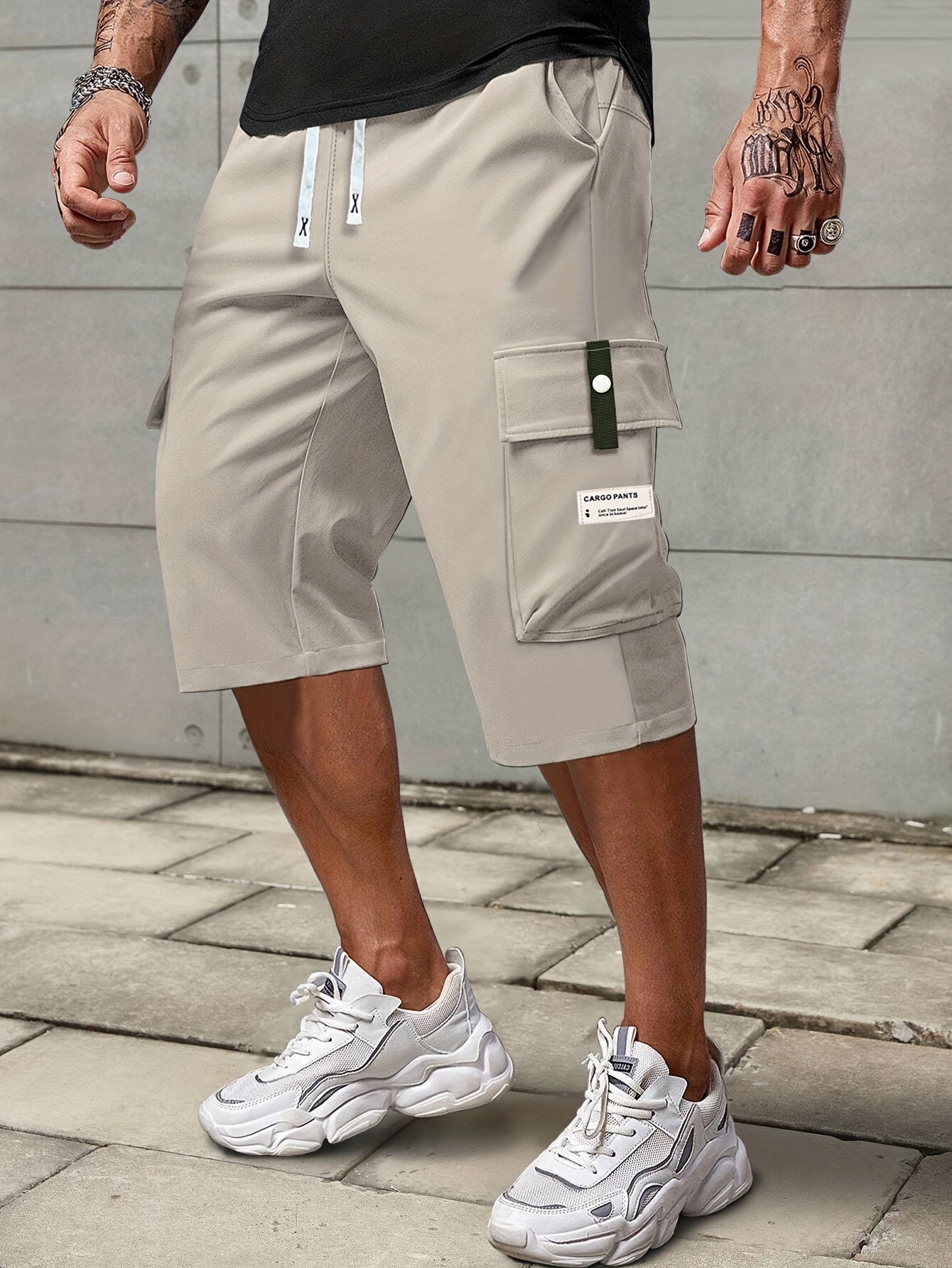 mens solid cargo shorts with multi pockets casual drawstring shorts for summer details 6
