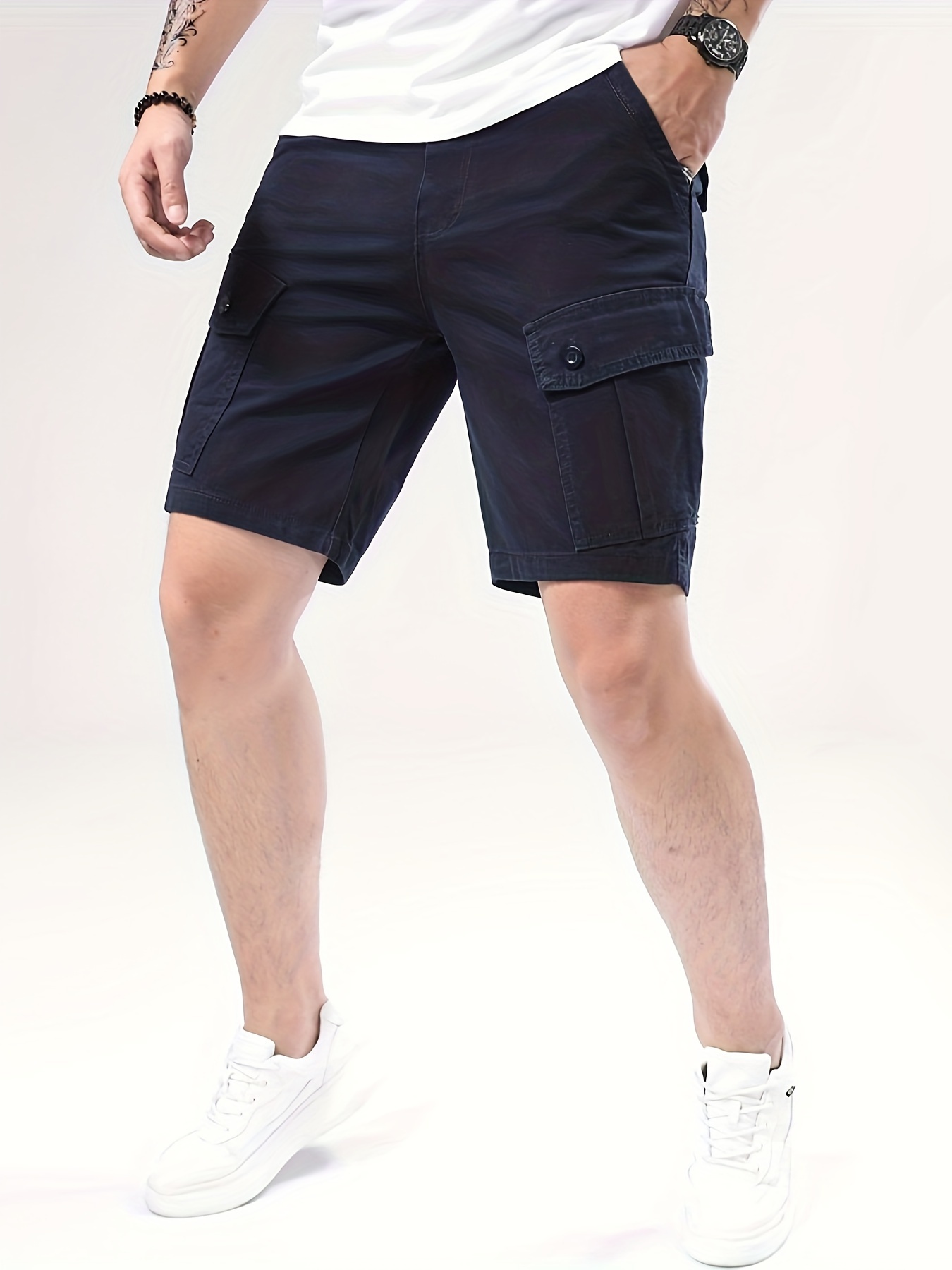 mens pure cotton solid color cargo shorts with drawstring and pockets casual   shorts for   and daily leisurewear details 0