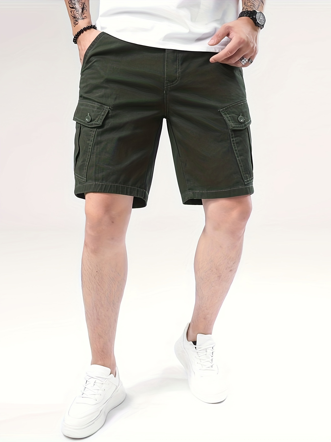 mens pure cotton solid color cargo shorts with drawstring and pockets casual   shorts for   and daily leisurewear details 4