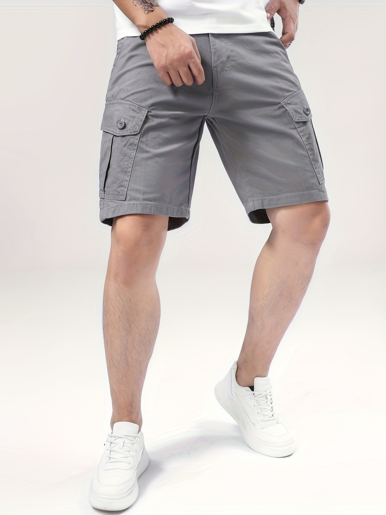 mens pure cotton solid color cargo shorts with drawstring and pockets casual   shorts for   and daily leisurewear details 6