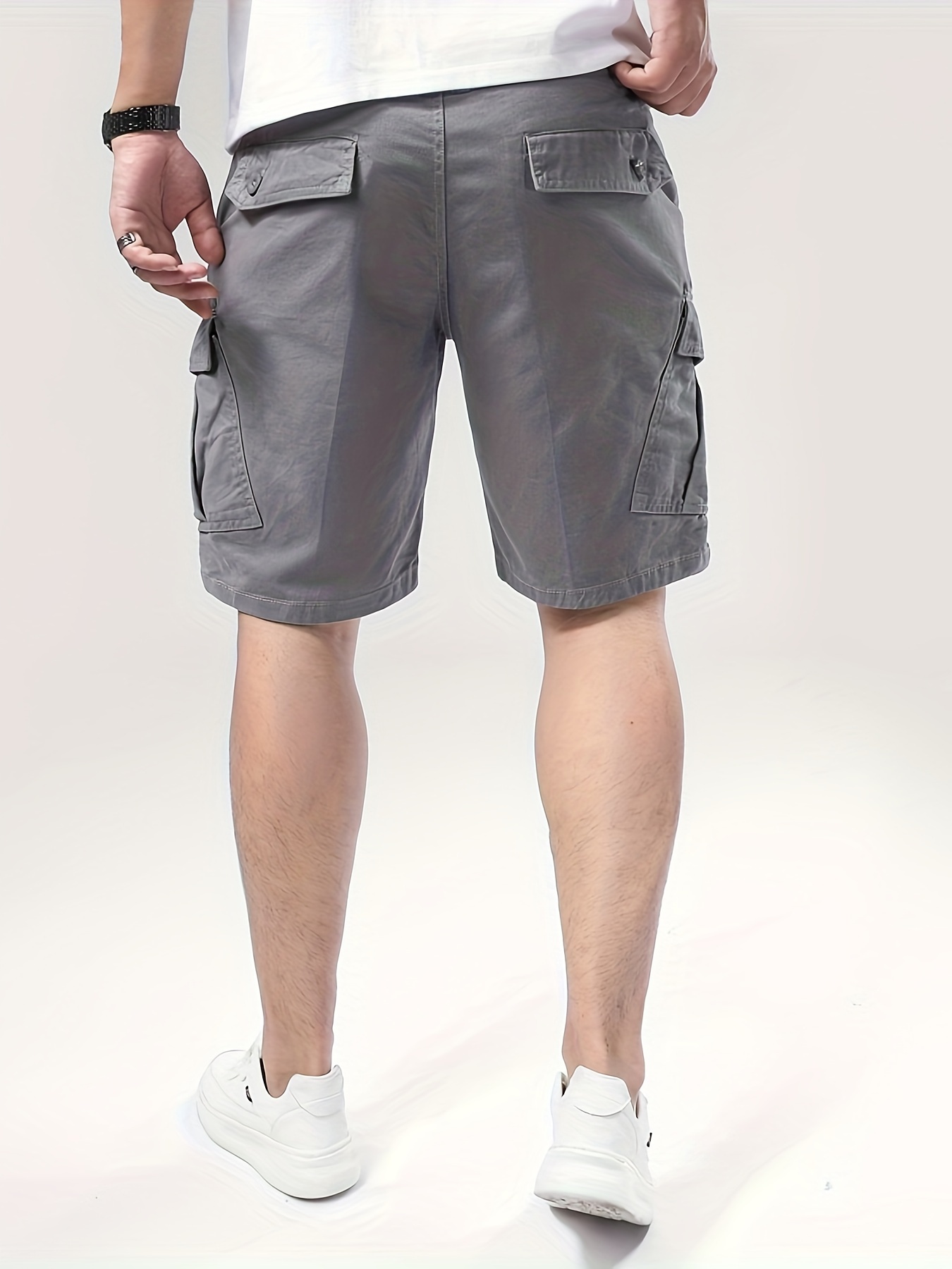 mens pure cotton solid color cargo shorts with drawstring and pockets casual   shorts for   and daily leisurewear details 7