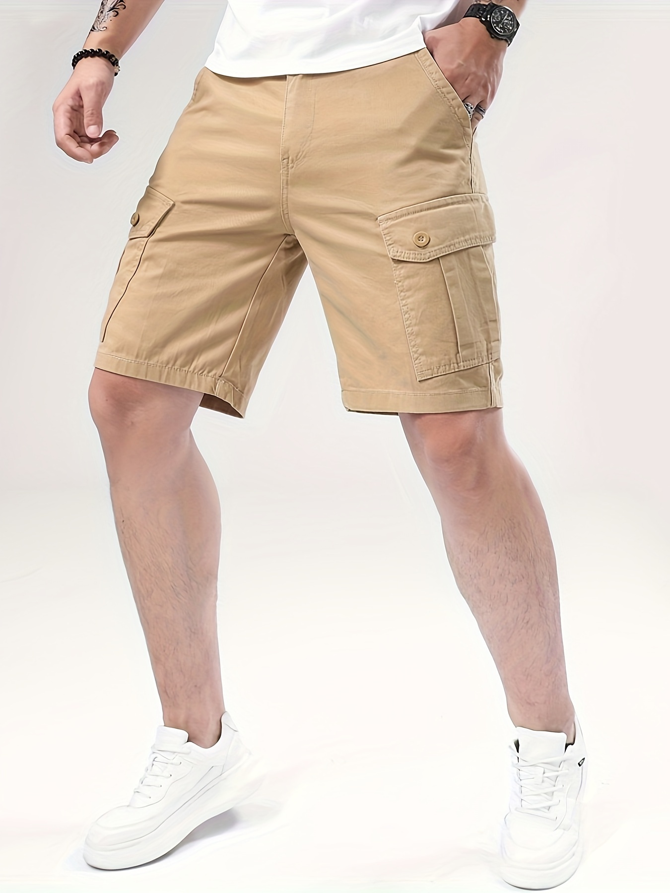 mens pure cotton solid color cargo shorts with drawstring and pockets casual   shorts for   and daily leisurewear details 8