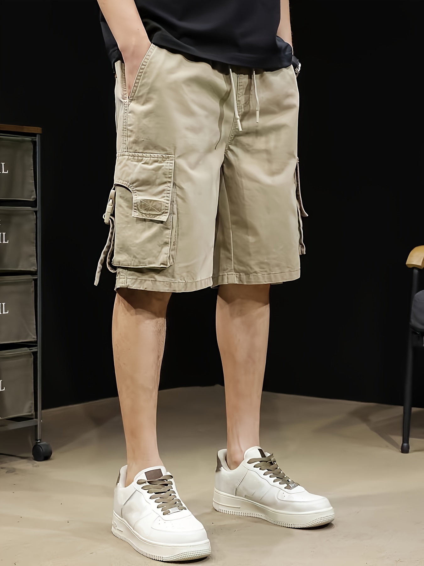 mens solid wide leg drawstring cargo pants for summer trendy   shorts details 0