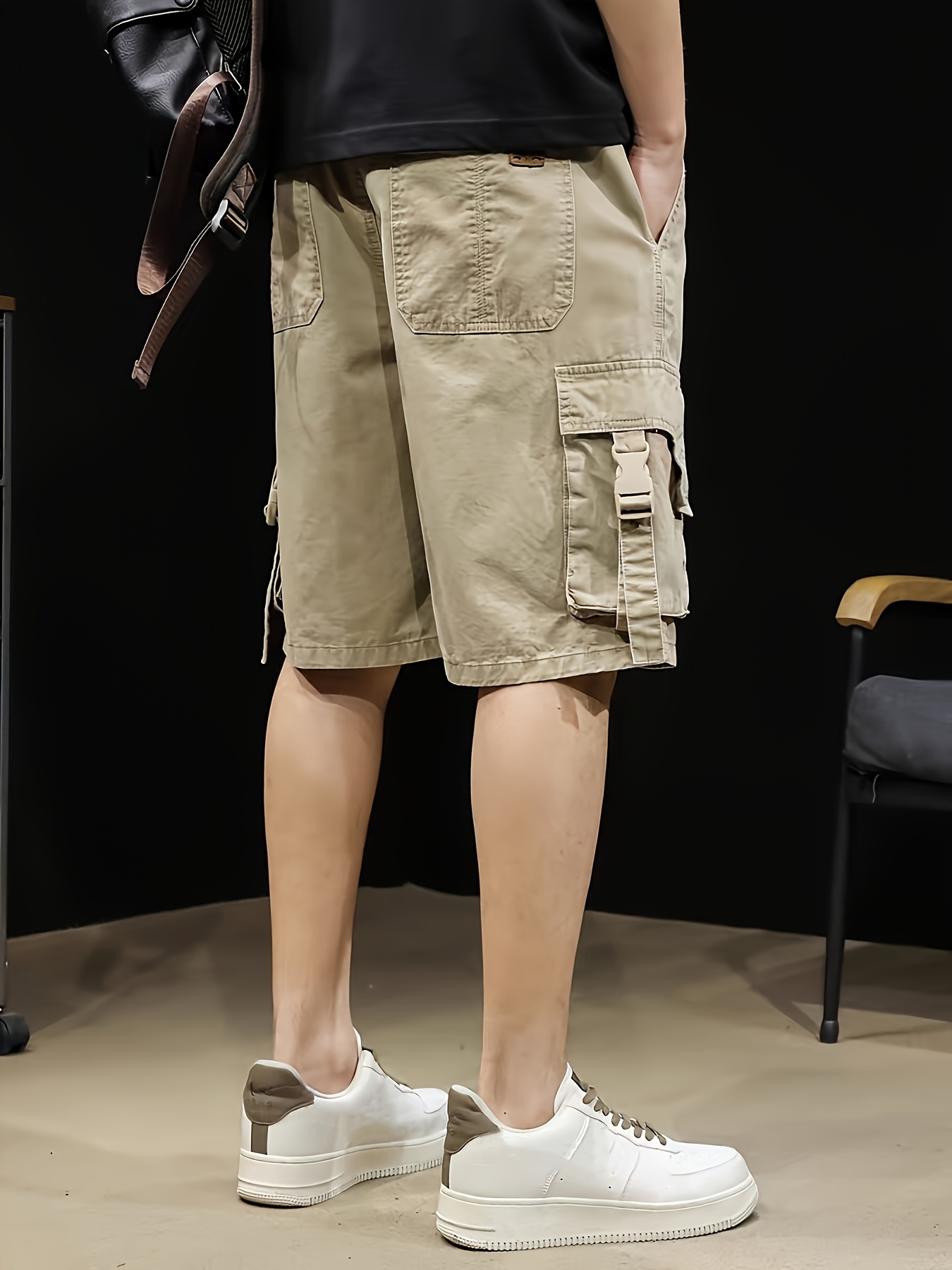 mens solid wide leg drawstring cargo pants for summer trendy   shorts details 2