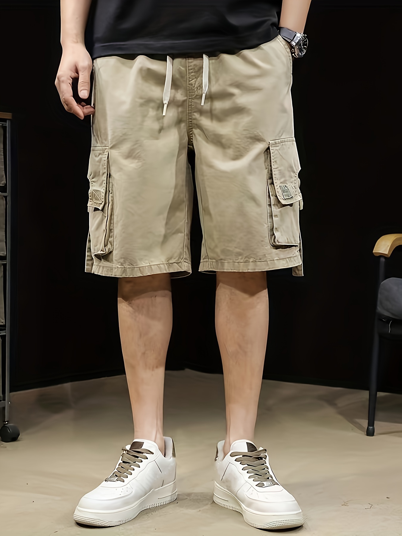 mens solid wide leg drawstring cargo pants for summer trendy   shorts details 3