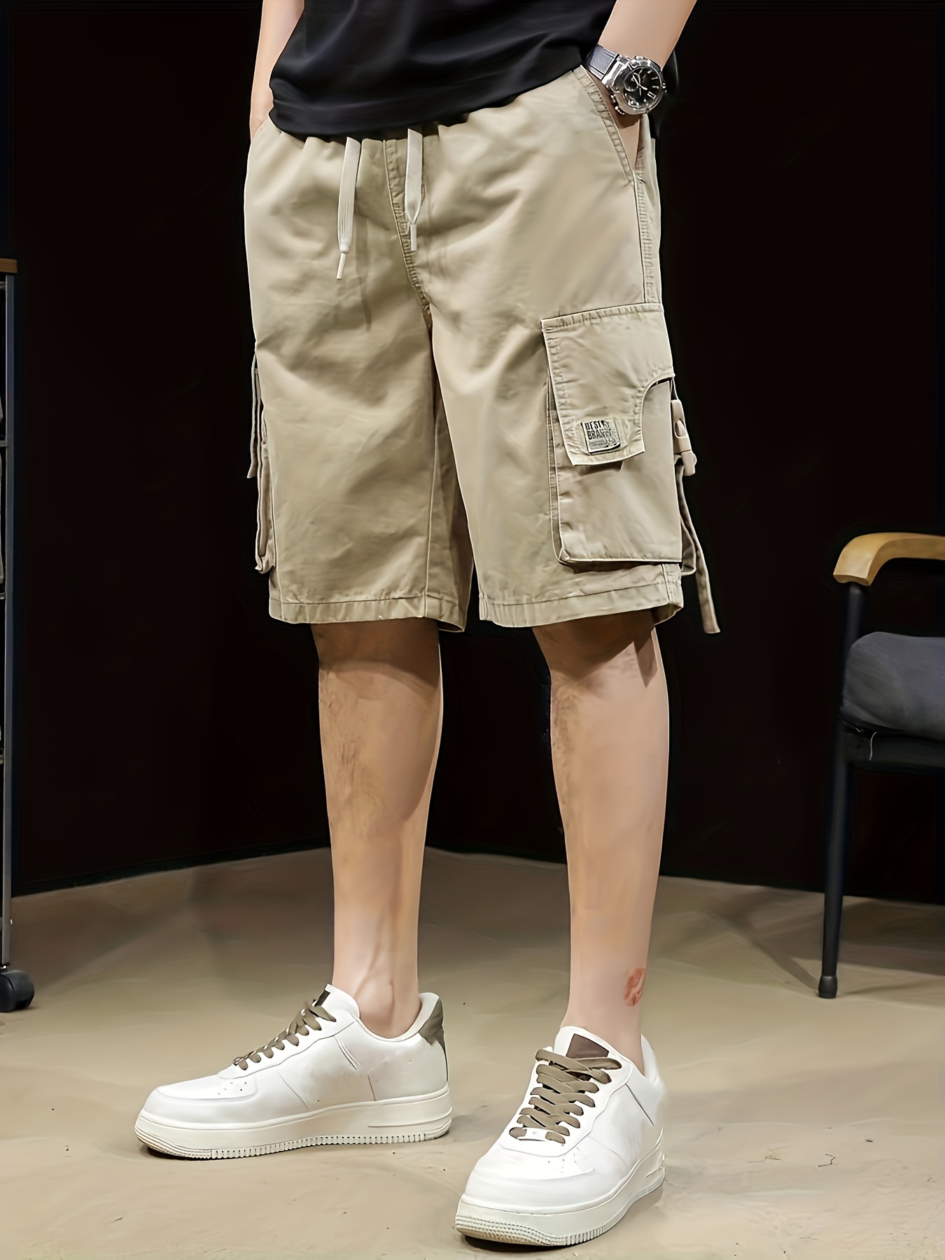 mens solid wide leg drawstring cargo pants for summer trendy   shorts details 4