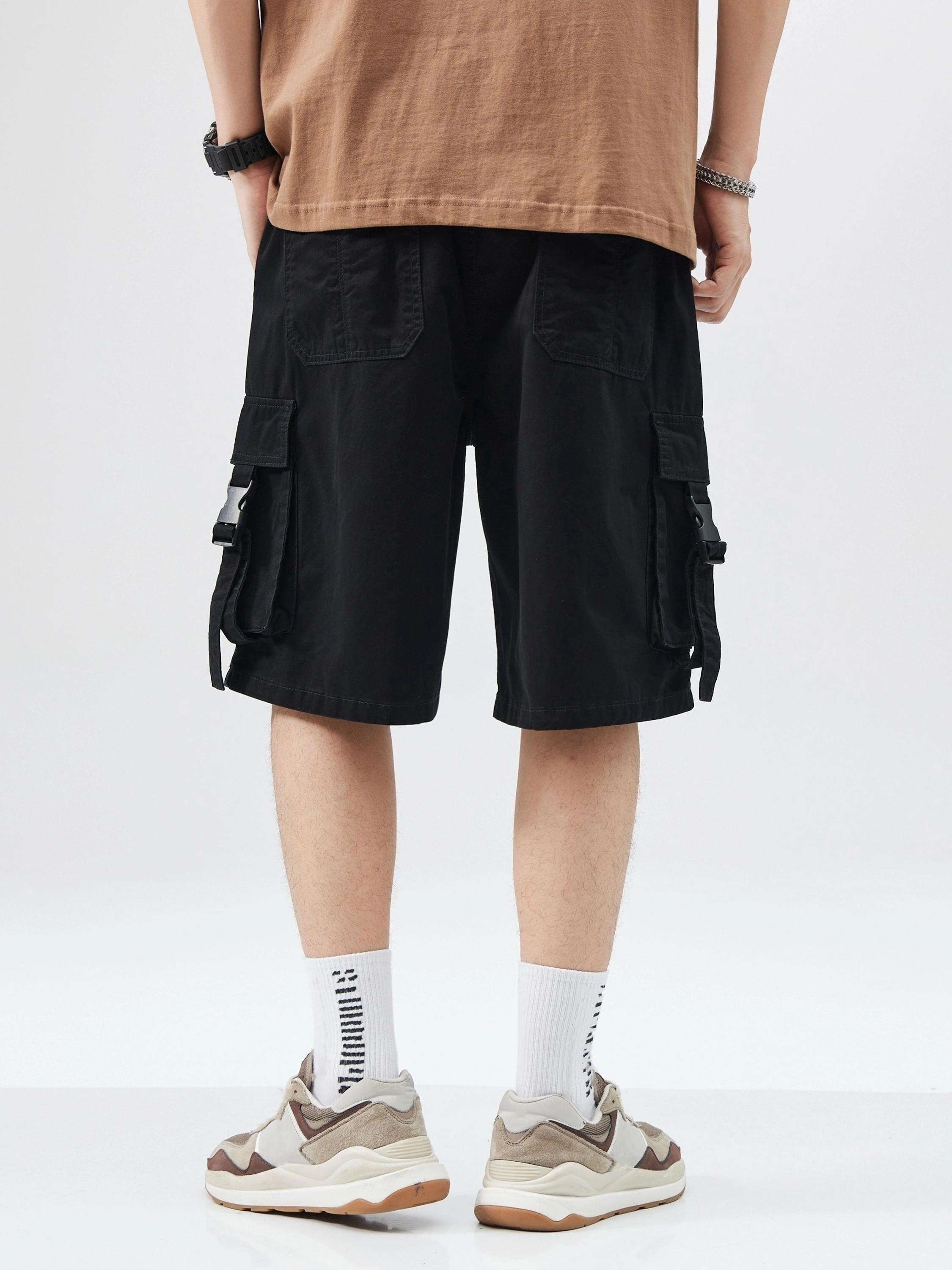 mens solid wide leg drawstring cargo pants for summer trendy   shorts details 6