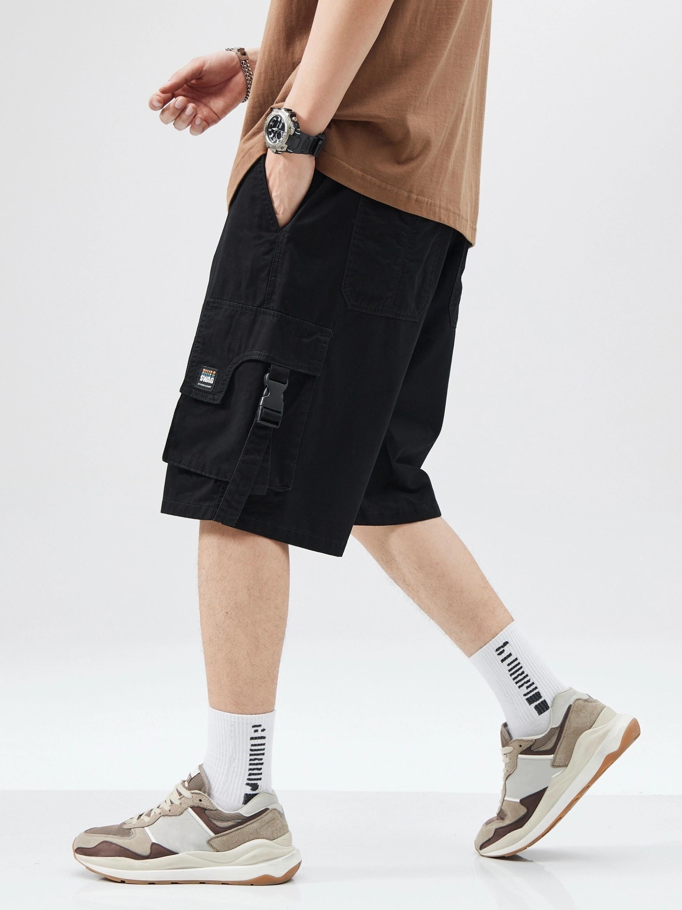mens solid wide leg drawstring cargo pants for summer trendy   shorts details 7