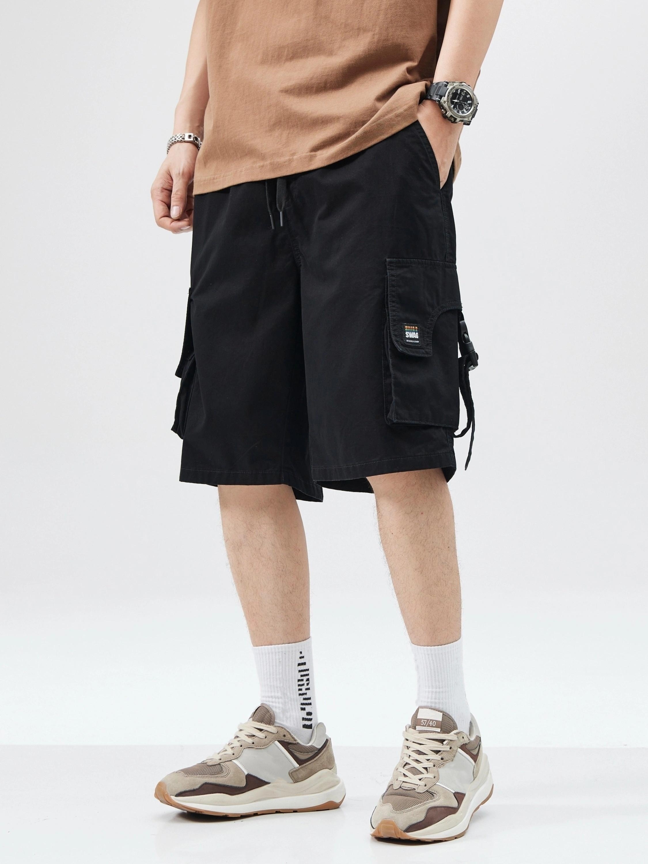 mens solid wide leg drawstring cargo pants for summer trendy   shorts details 8