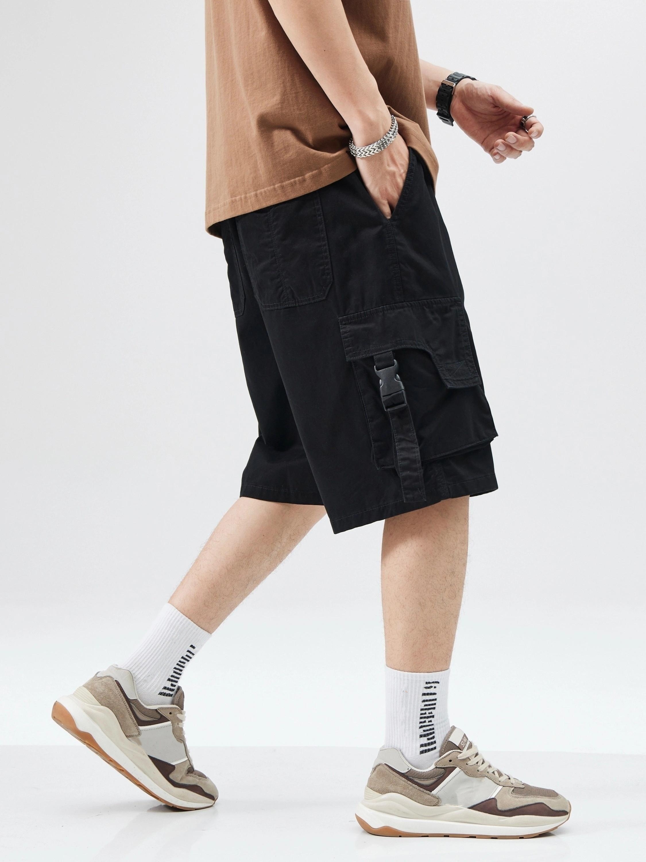 mens solid wide leg drawstring cargo pants for summer trendy   shorts details 9