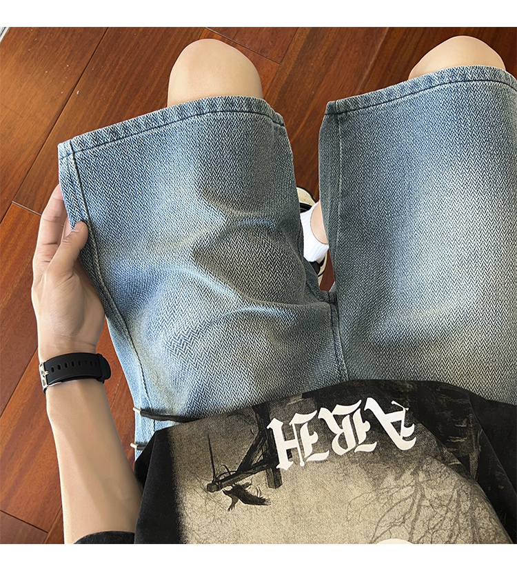 mens solid denim shorts with pockets casual drawstring cotton   jorts for summer outdoor activities details 0