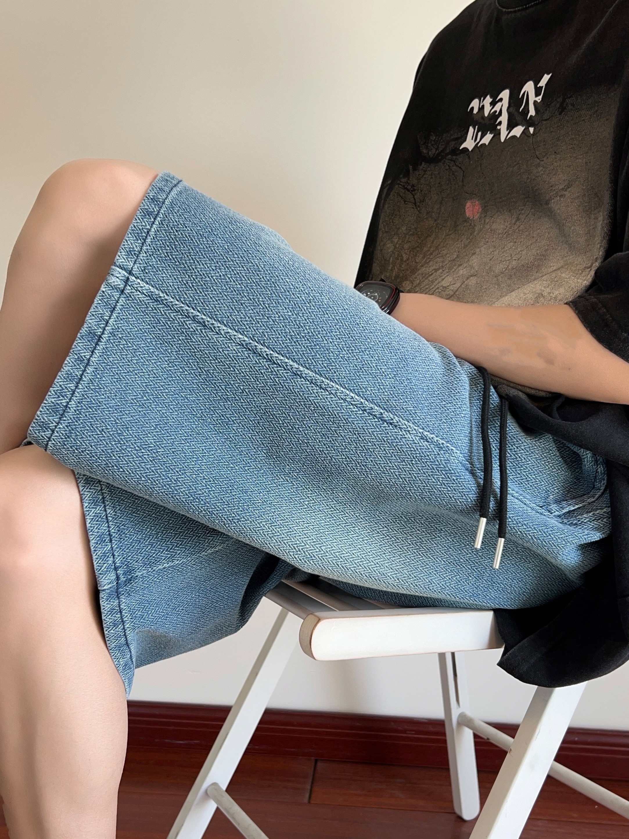 mens solid denim shorts with pockets casual drawstring cotton   jorts for summer outdoor activities details 1