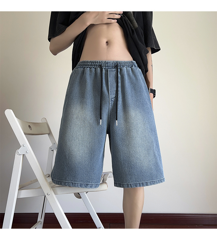 mens solid denim shorts with pockets casual drawstring cotton   jorts for summer outdoor activities details 2