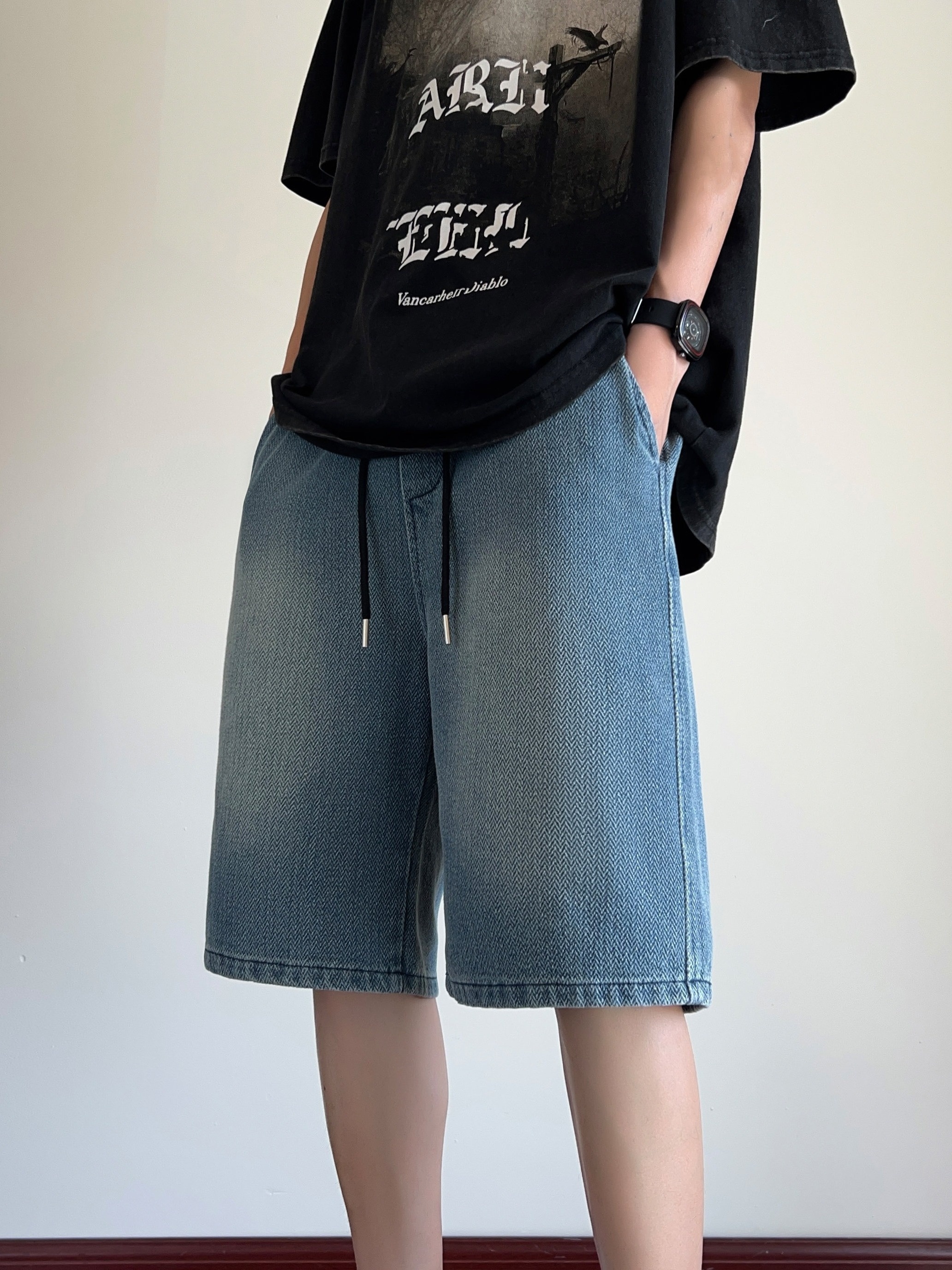 mens solid denim shorts with pockets casual drawstring cotton   jorts for summer outdoor activities details 3