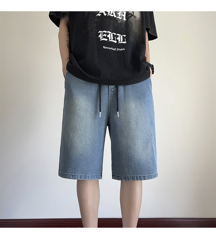 mens solid denim shorts with pockets casual drawstring cotton   jorts for summer outdoor activities details 4