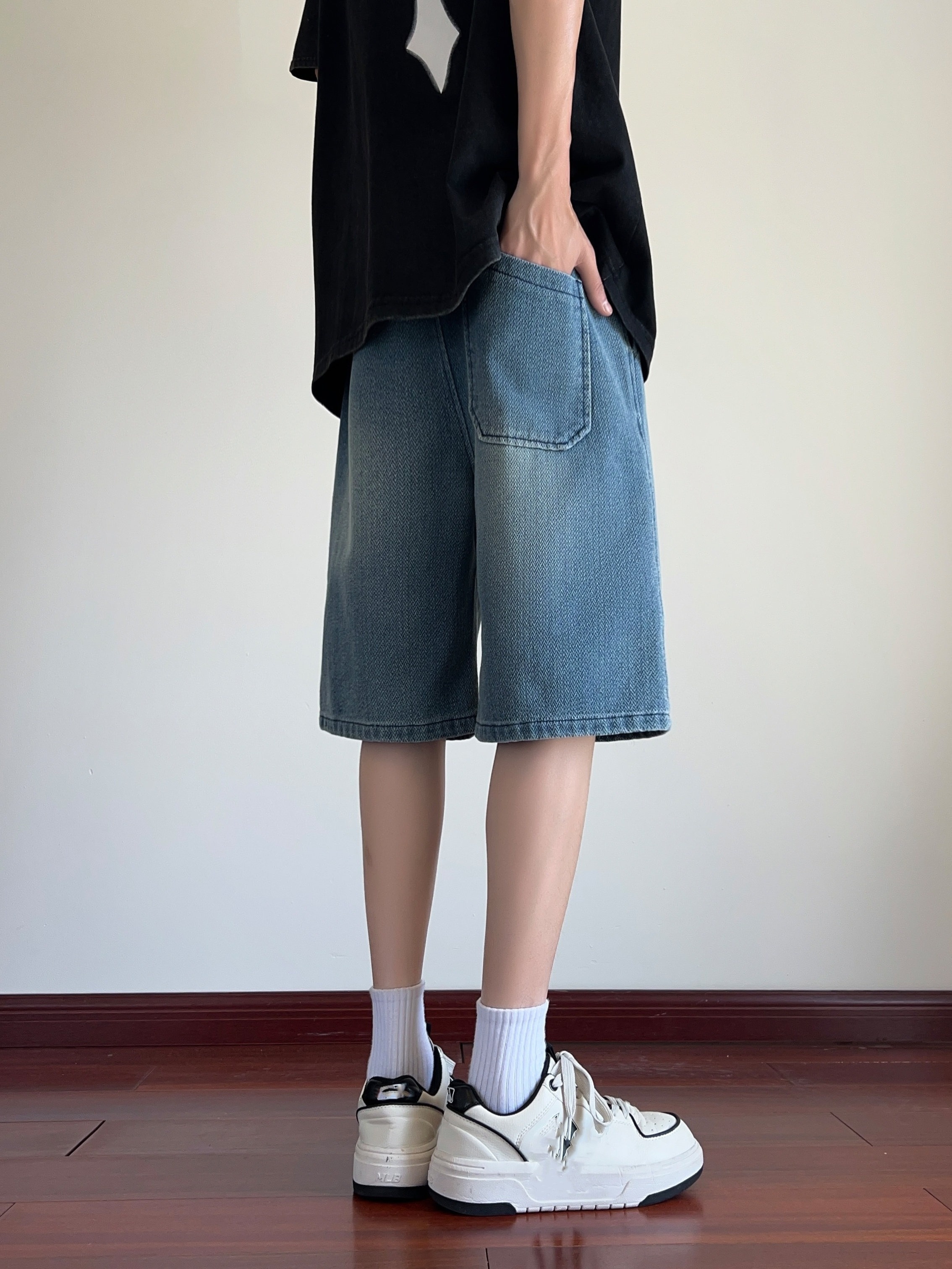 mens solid denim shorts with pockets casual drawstring cotton   jorts for summer outdoor activities details 5