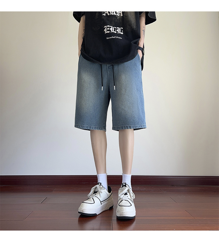 mens solid denim shorts with pockets casual drawstring cotton   jorts for summer outdoor activities details 6