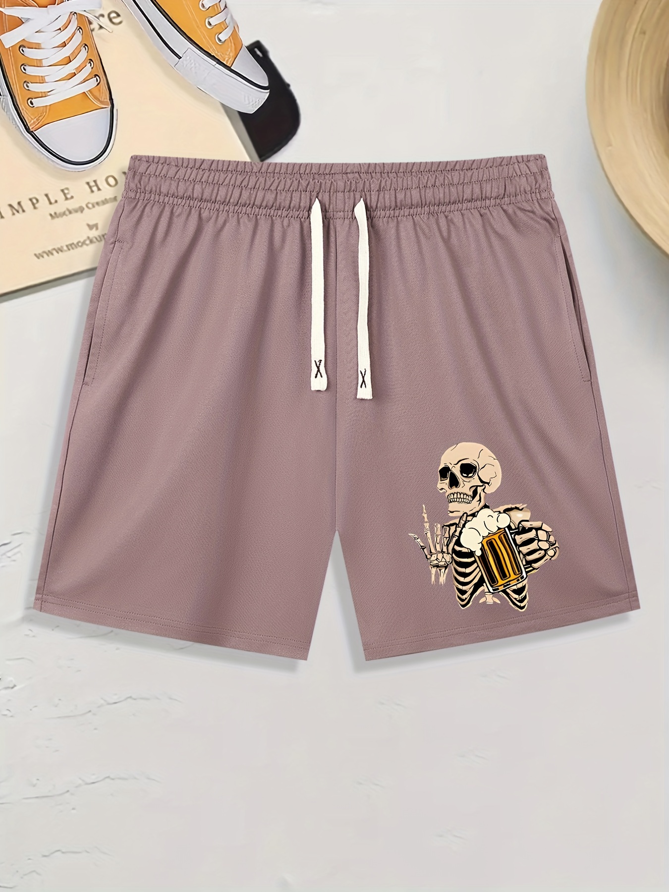skeleton with beer print mens comfy shorts summer drawstring casual loose shorts mens summer clothing as gifts for daily leisure loungewear outdoors halloween details 0